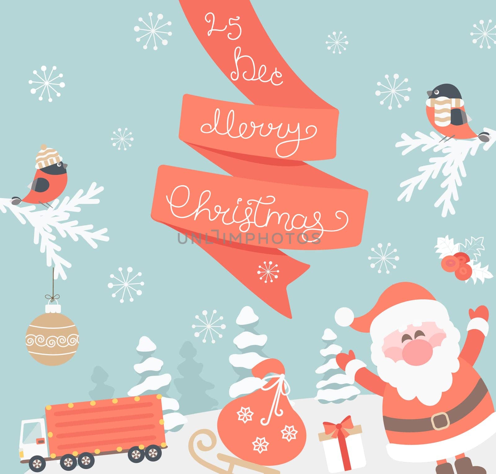 Christmas Greeting Card. Merry Christmas lettering with Santa. Vector illustration.