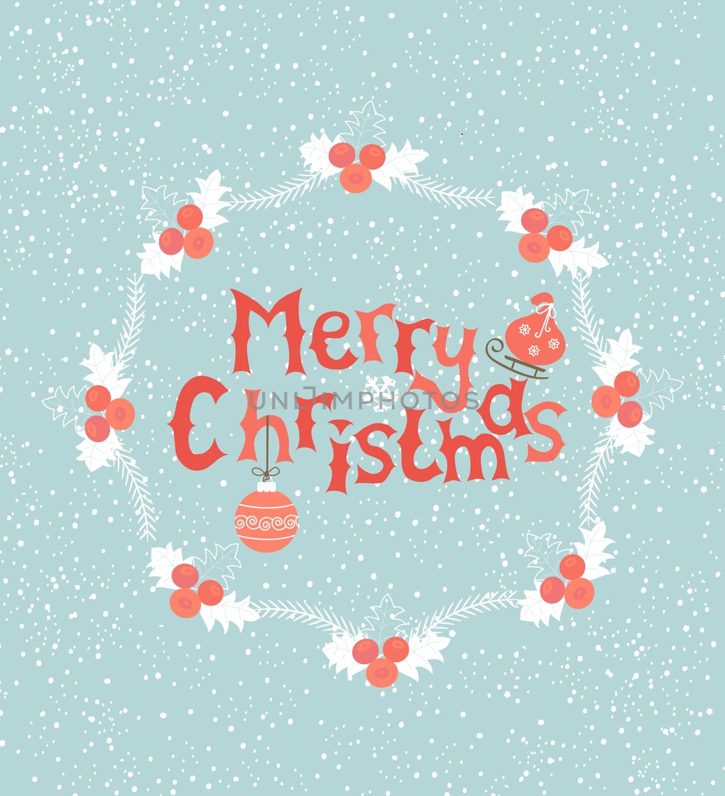 Christmas Greeting Card. Merry Christmas inscription inside frame. Vector illustration.