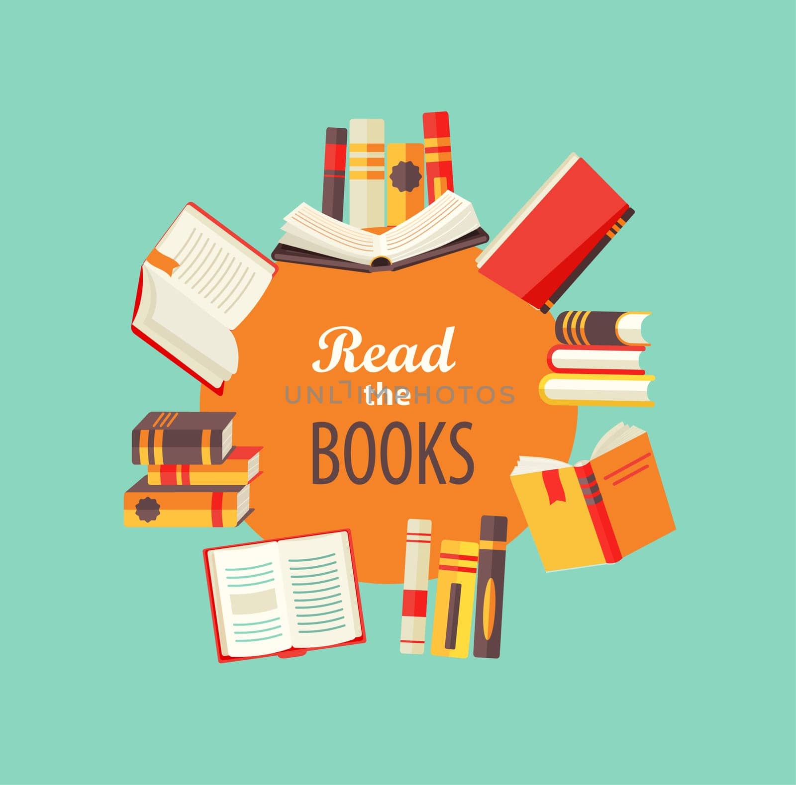 Vector set of books - icons in flat retro style with circle frame for text design.