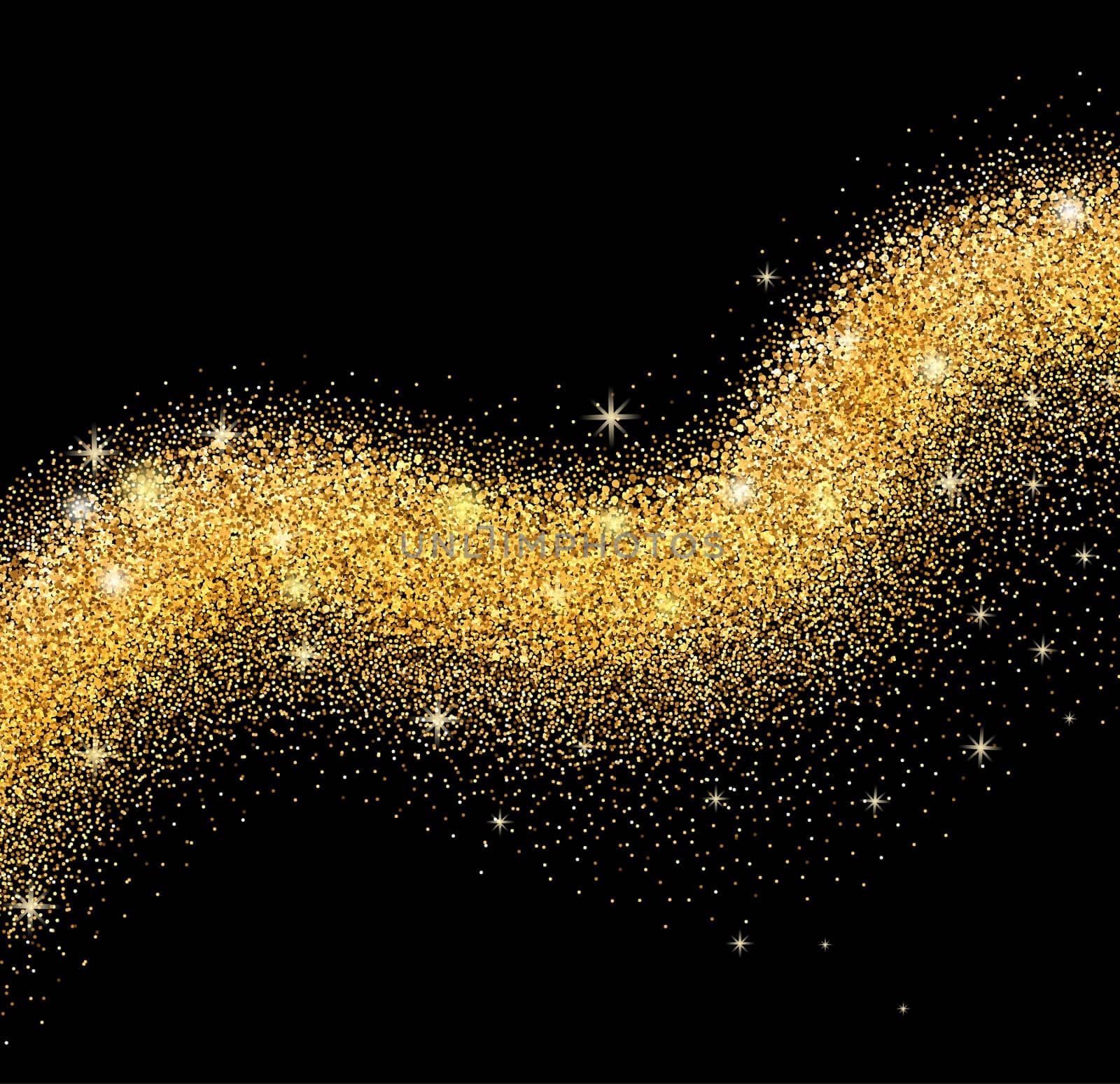 Vector golden sparkling falling star with frame on white background. Gold glittering wave for card.
