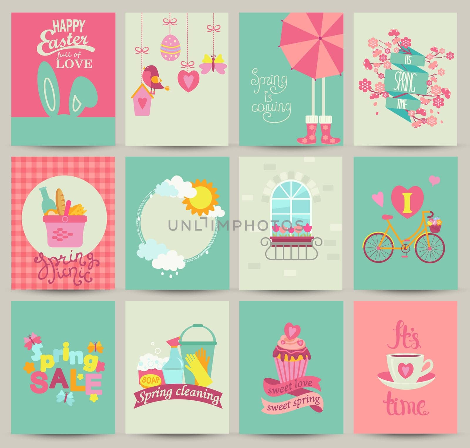Collection of 12 Spring card templates.Spring Posters set. Vector illustration. Template for Greeting Scrapbooking, Congratulations, Invitations.