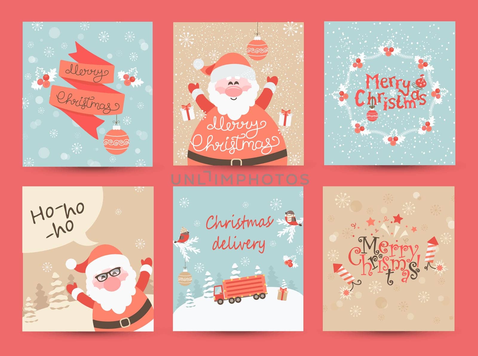 Christmas Greeting Cards set. Merry Christmas lettering. Vector illustration.