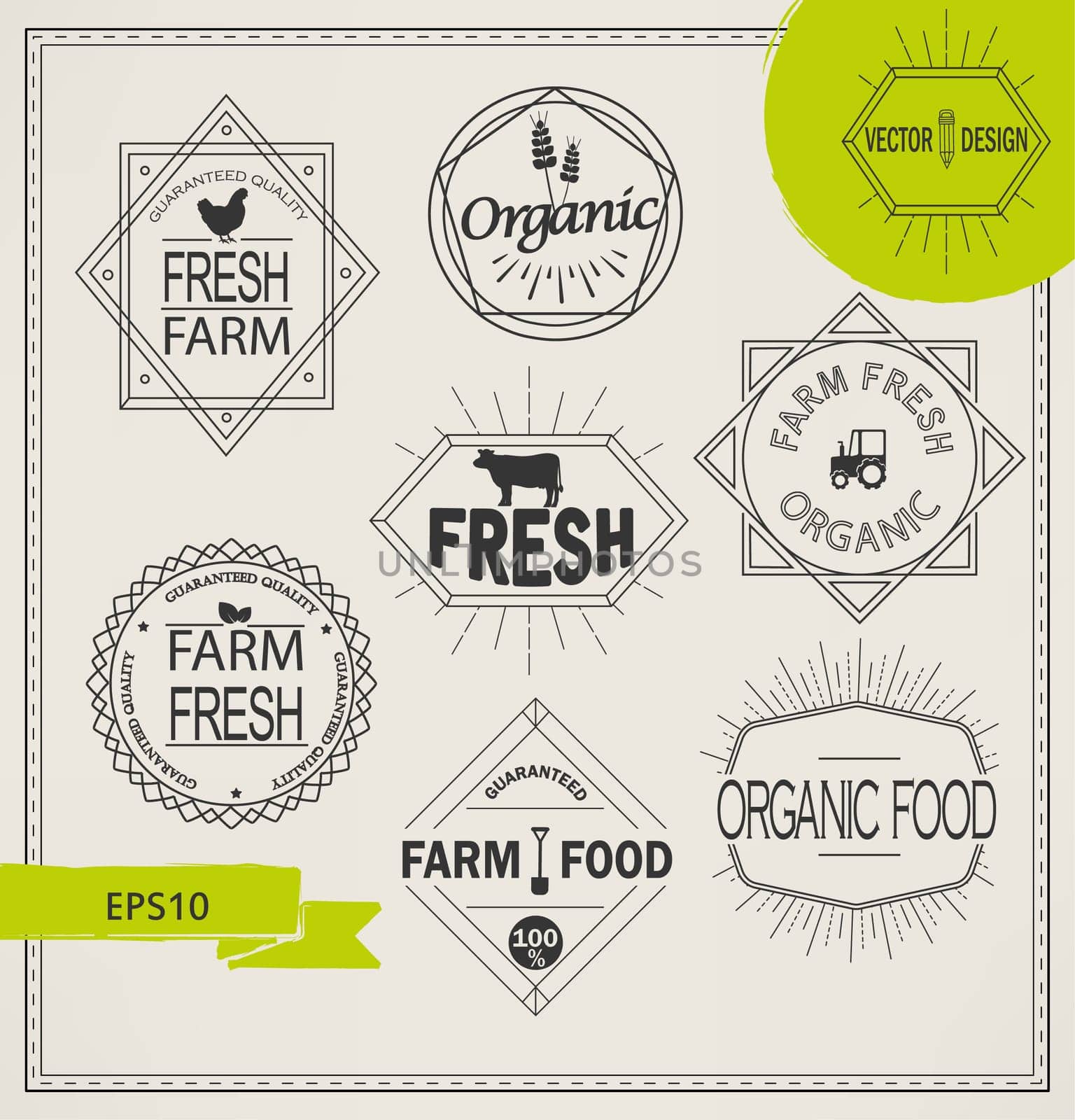 Vector agriculture and organic farm fresh line logos - set of design elements and badges for food industry in outline style.