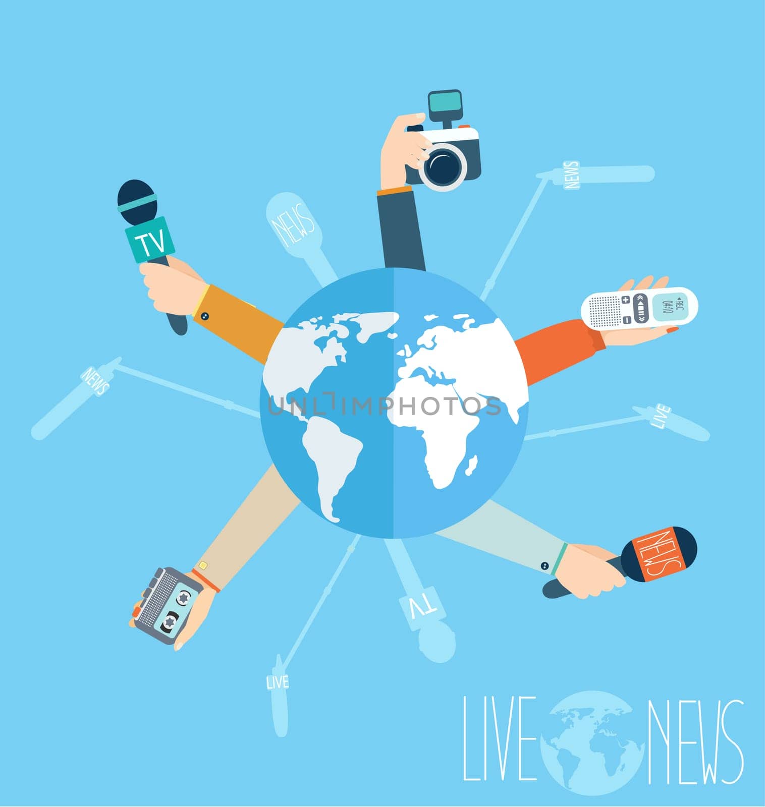 Journalism concept vector illustration in flat style.Vector live report concept, live news, hands of journalists with microphones, camera and tape recorders