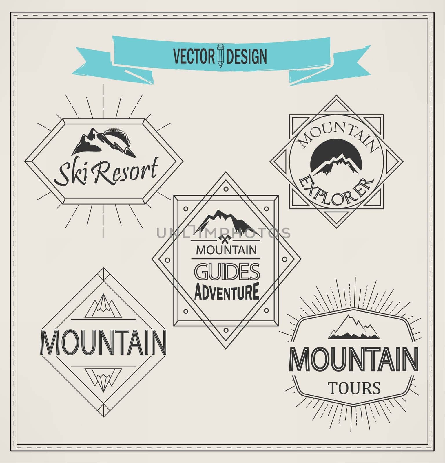 Vector mountain logos and emblems in outline style. Set of Retro Vintage Insignias and Logotypes. Labels, Badges, Frames and Other Design Elements.