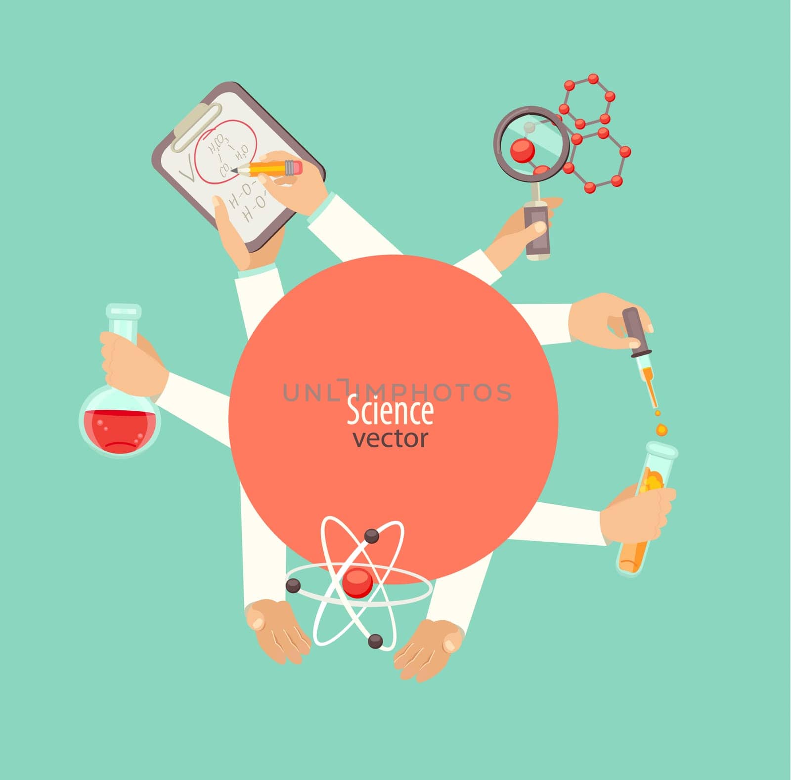 The concept of science and education. Scientists with molecules, formula, bulb, vector illustration.
