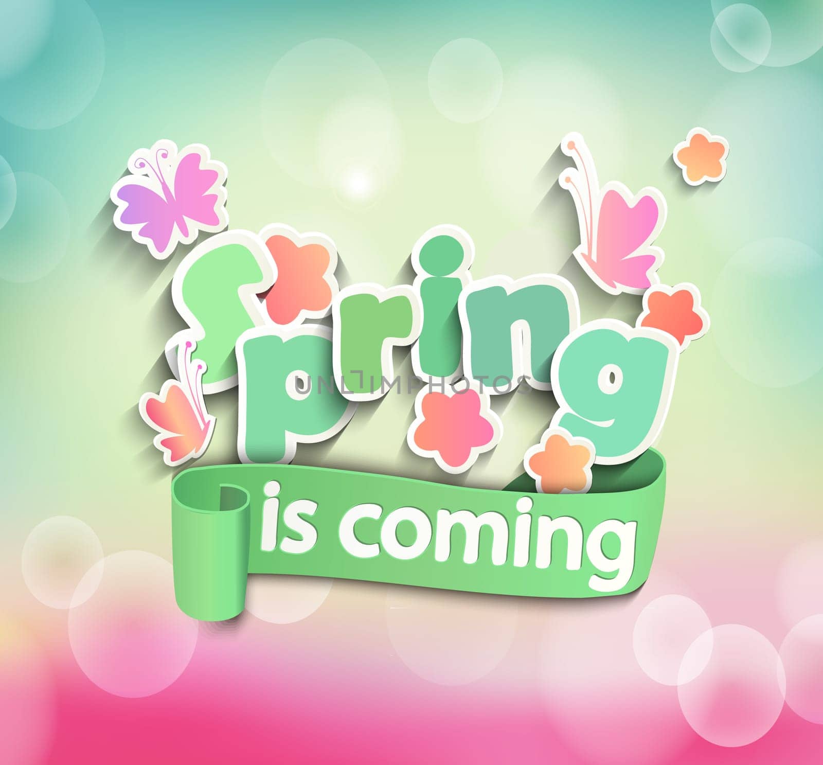 vector illustration of Inscription Spring is coming on the light bokeh background with butterfly and flowers