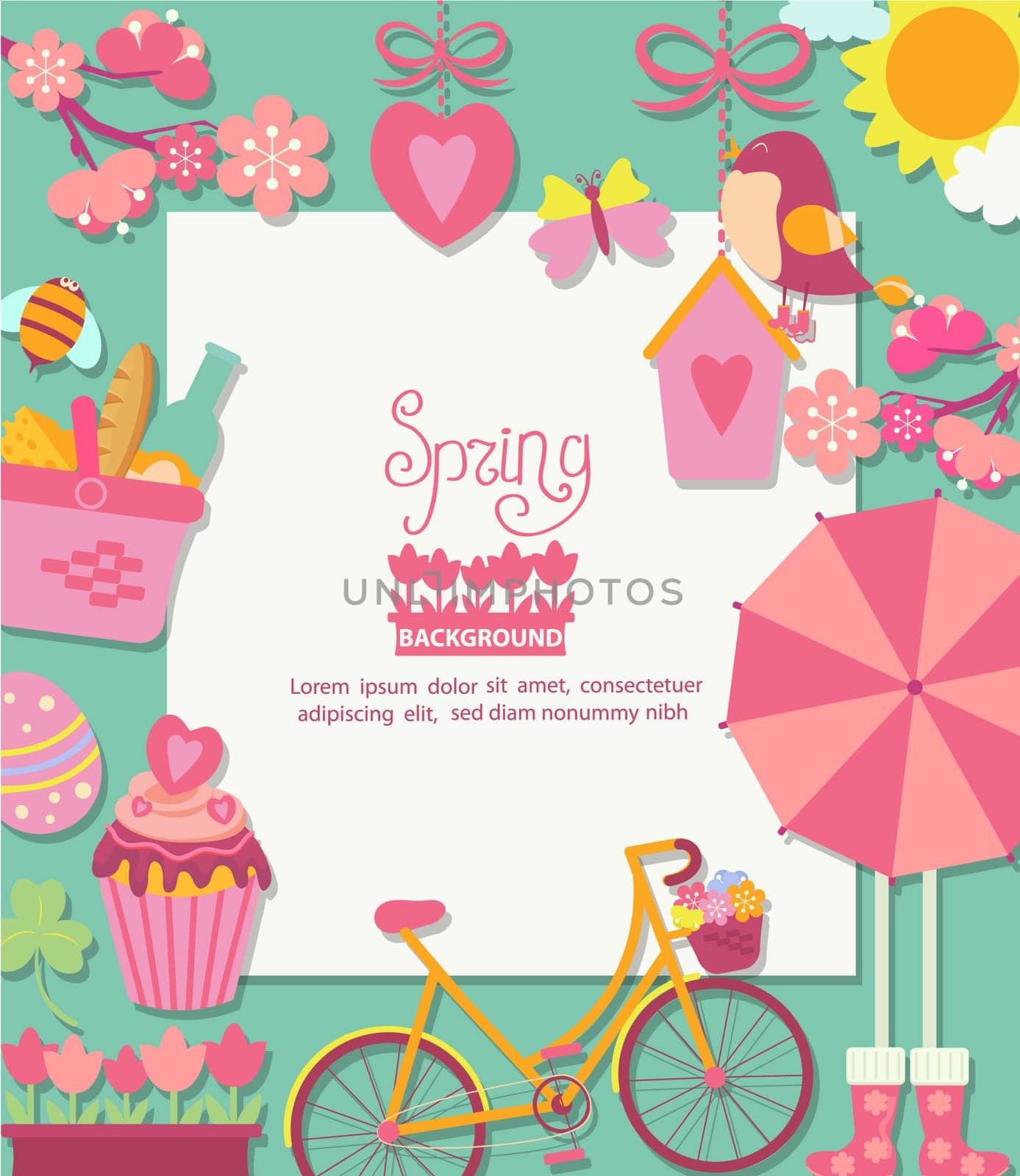 Spring background with cuteicons and frame for text design, vector illustration.
