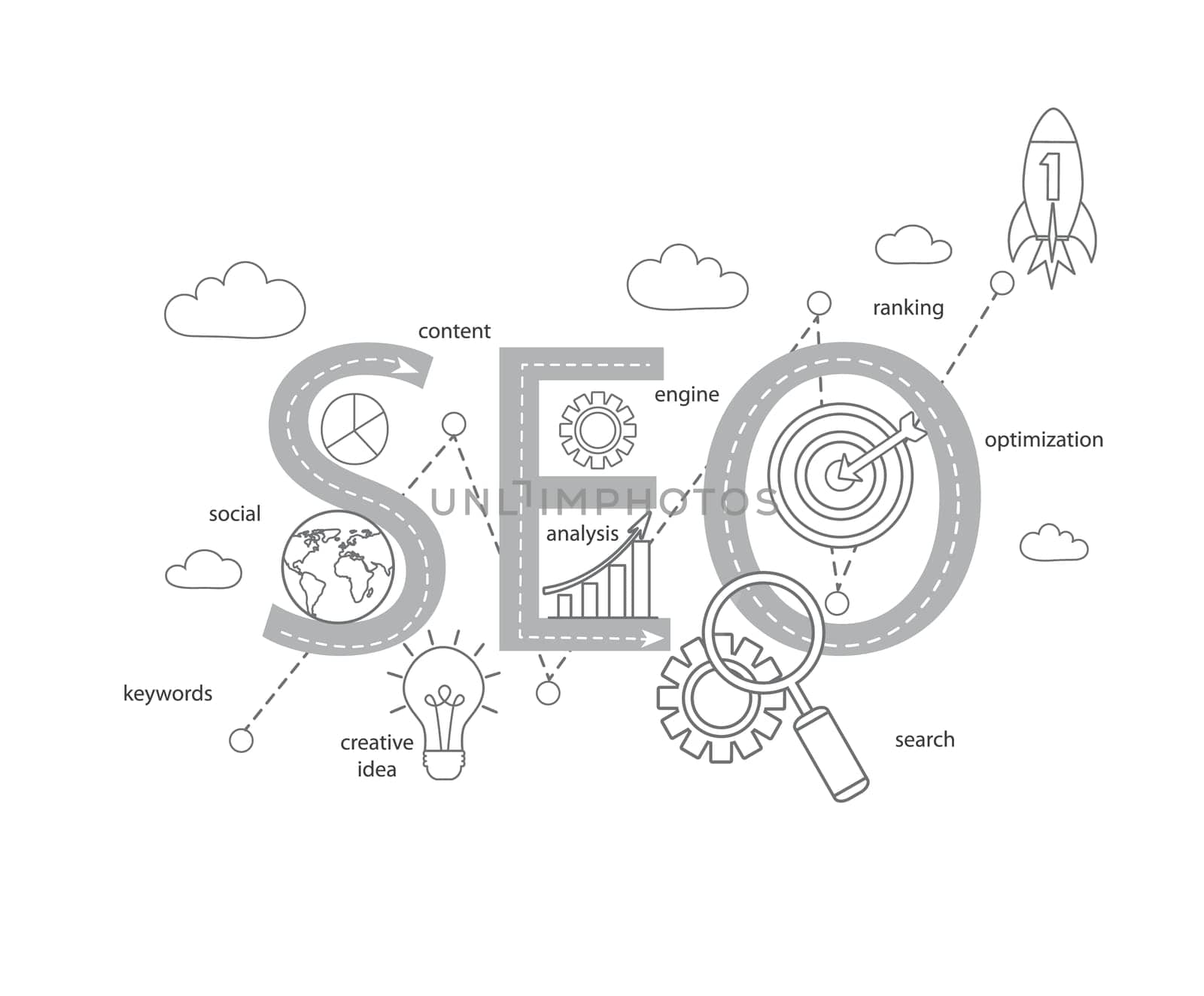 Concept of SEO word combined from modern thin line elements and icons which symbolized a success internet searching optimization process. Vector illustration.