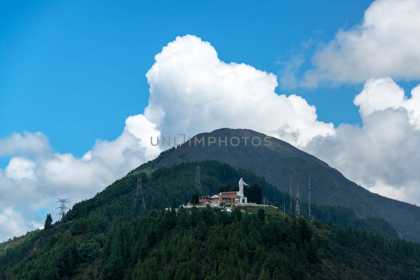 View of Guadalupe Hill with a statue of the Virgin of Guadalupe on it overlooking Bogota, Colombia