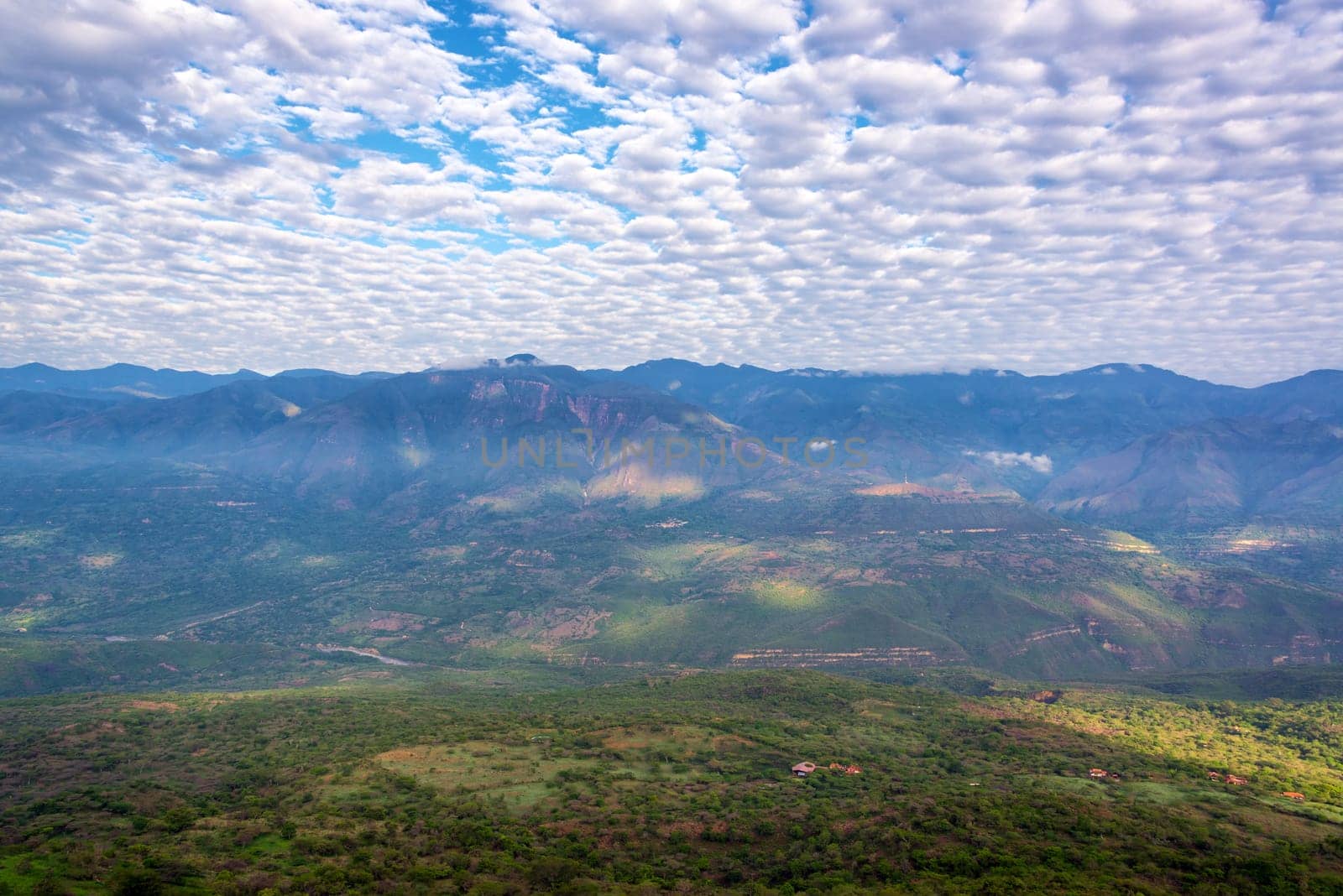 Dramatic landscape of a valley and hills as seen from Barichara, Colombia