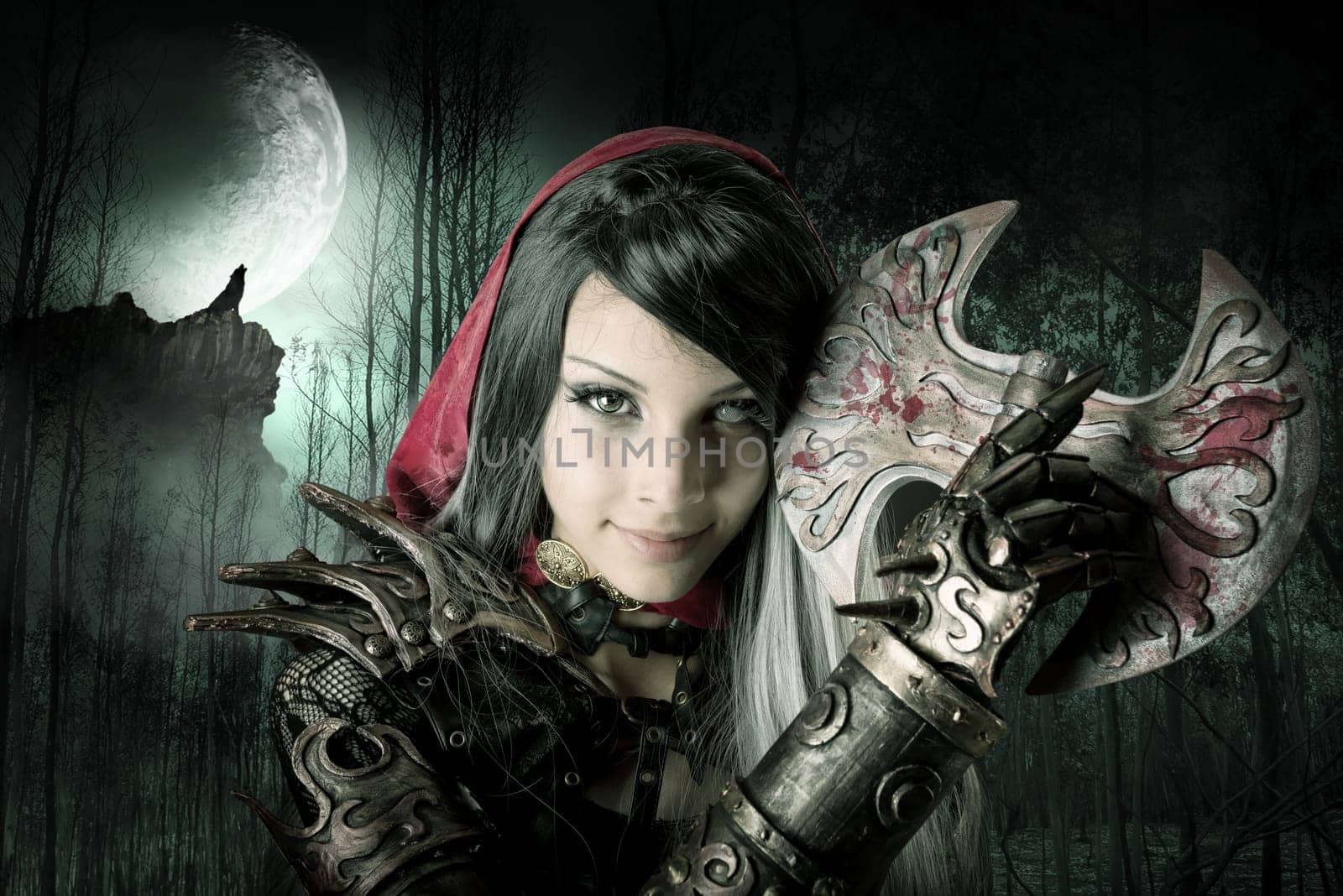 Dark Red riding hood in a forest
