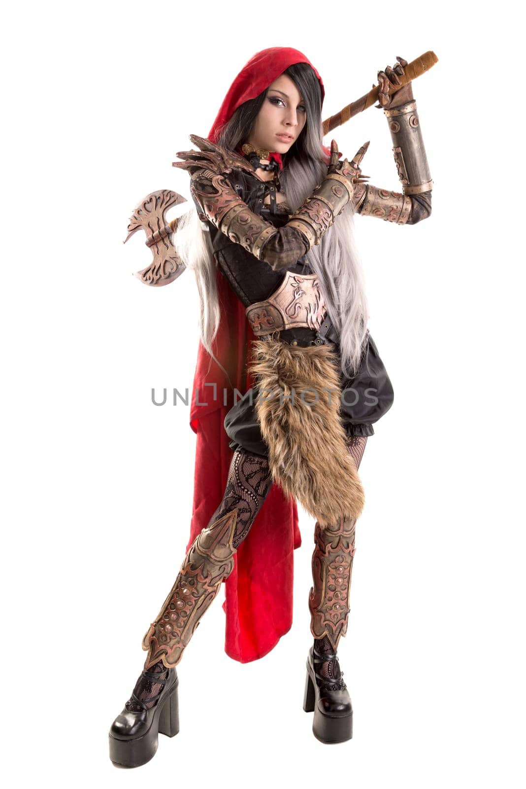 Girl in a dark Red riding hood costume isolated in white