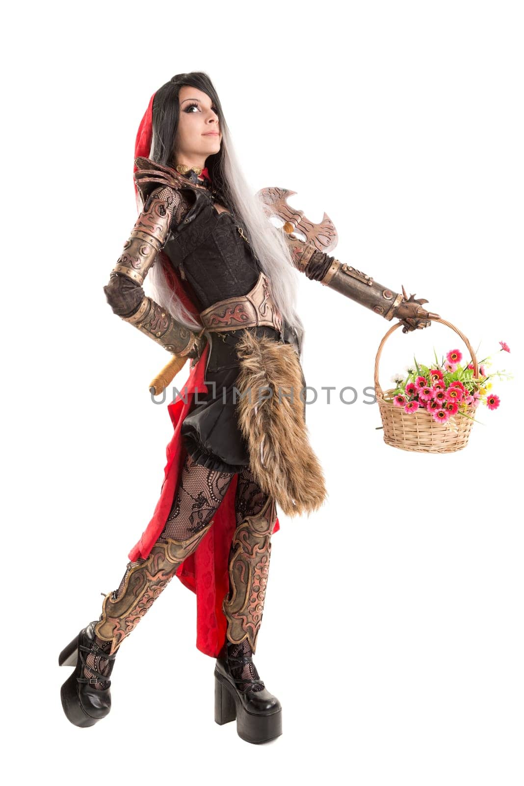 Girl in a dark Red riding hood costume, with flowers and hidden weapon