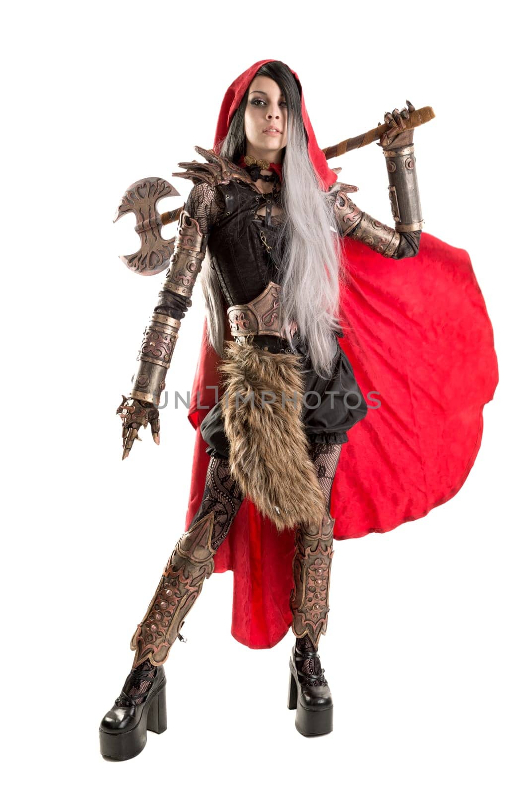 Girl in a dark Red riding hood costume isolated in white
