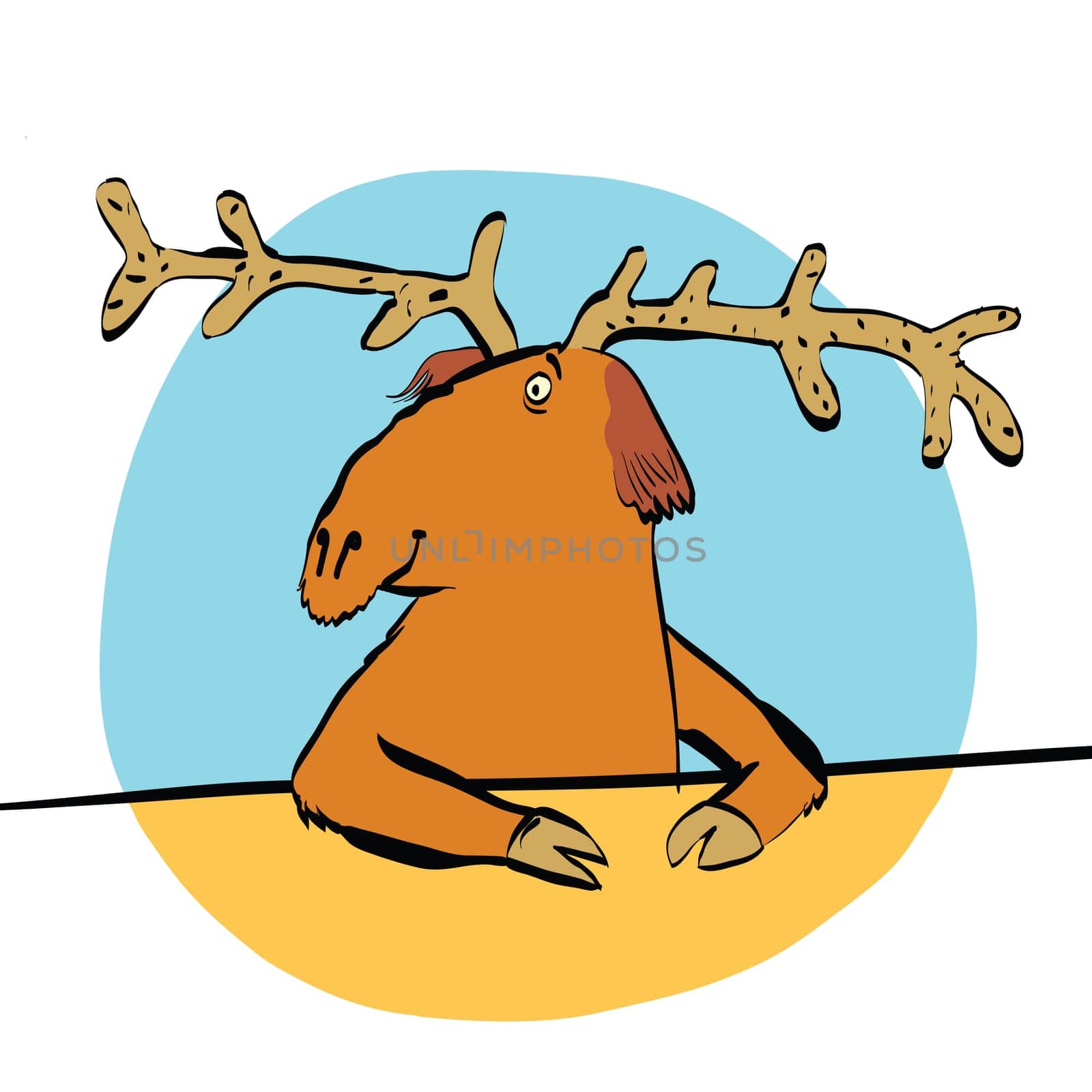 Christmas reindeer or moose, color vector illustration. Animal character sitting at a table