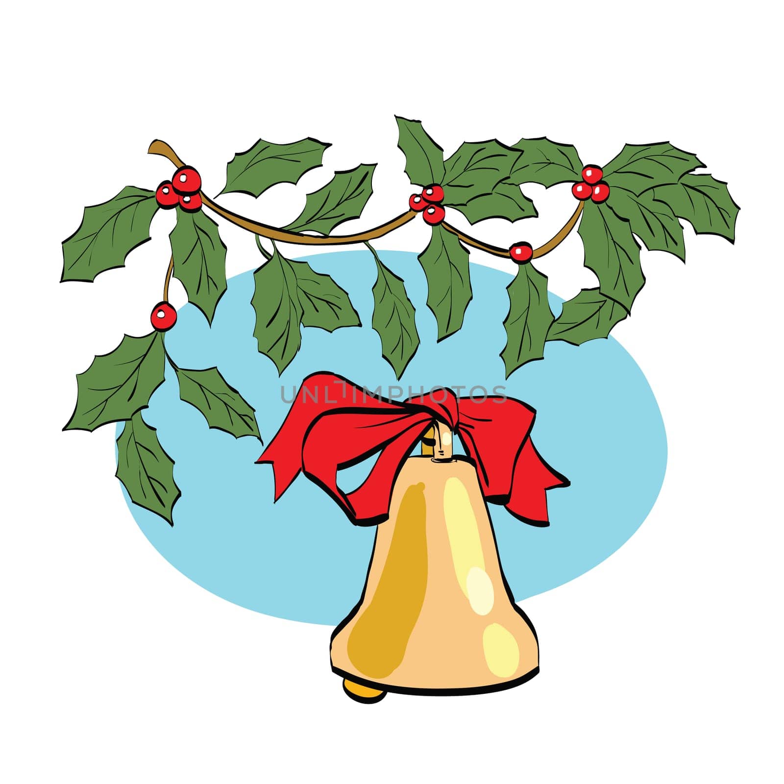 Christmas bell on berry branch, color vector illustration. New year and Christmas