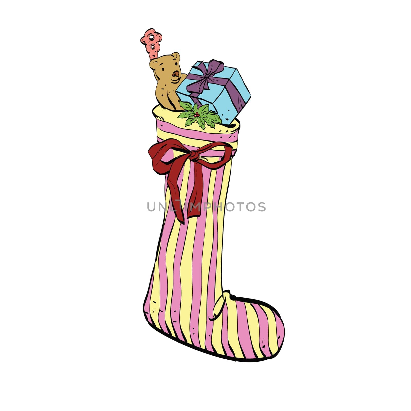 Christmas sock for gifts from Santa, color vector illustration. New year and holidays