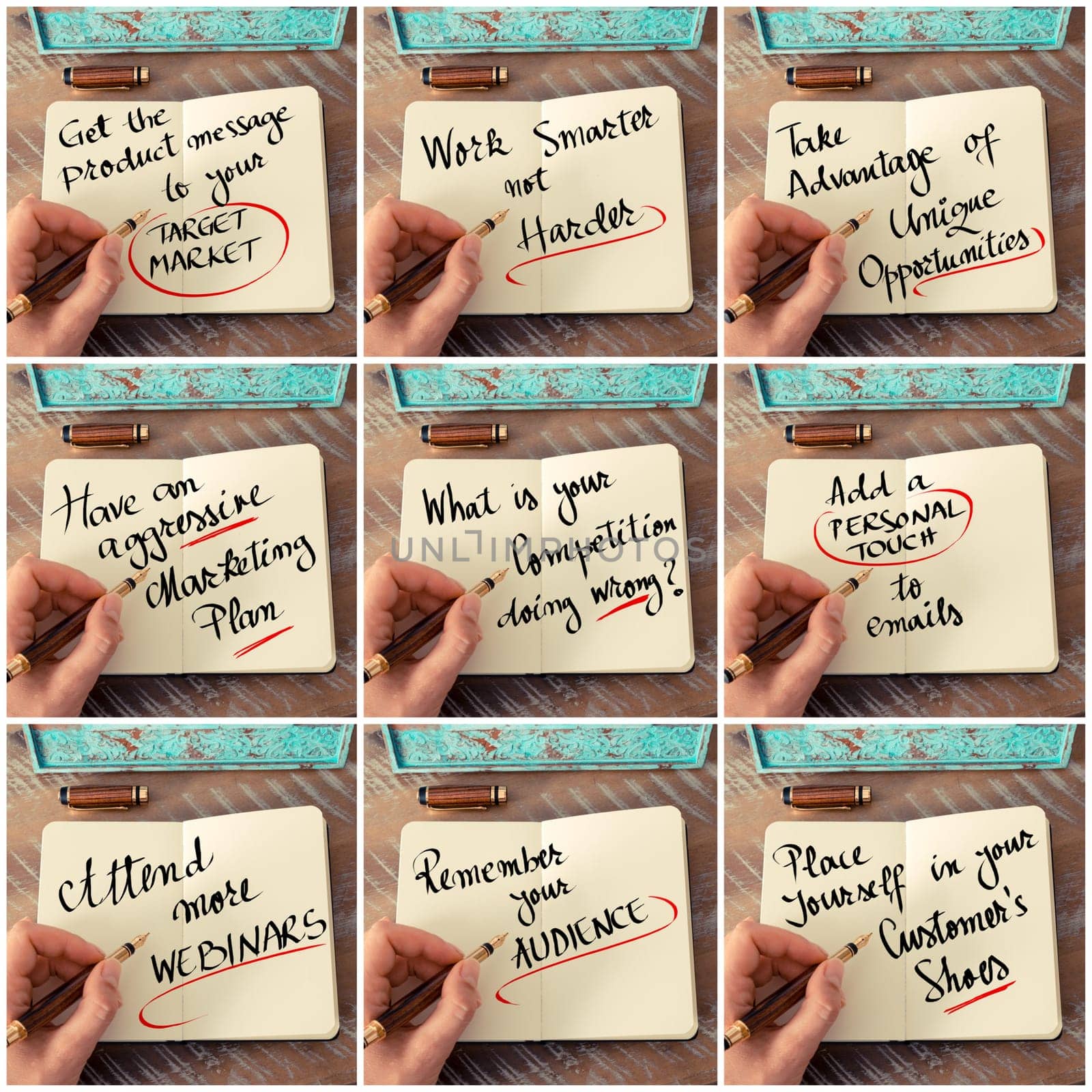 Photo collage of handwritten business motivational messages. Retro effect and toned image of a woman hand writing a note with fountain pen on a notebook as business concept image.