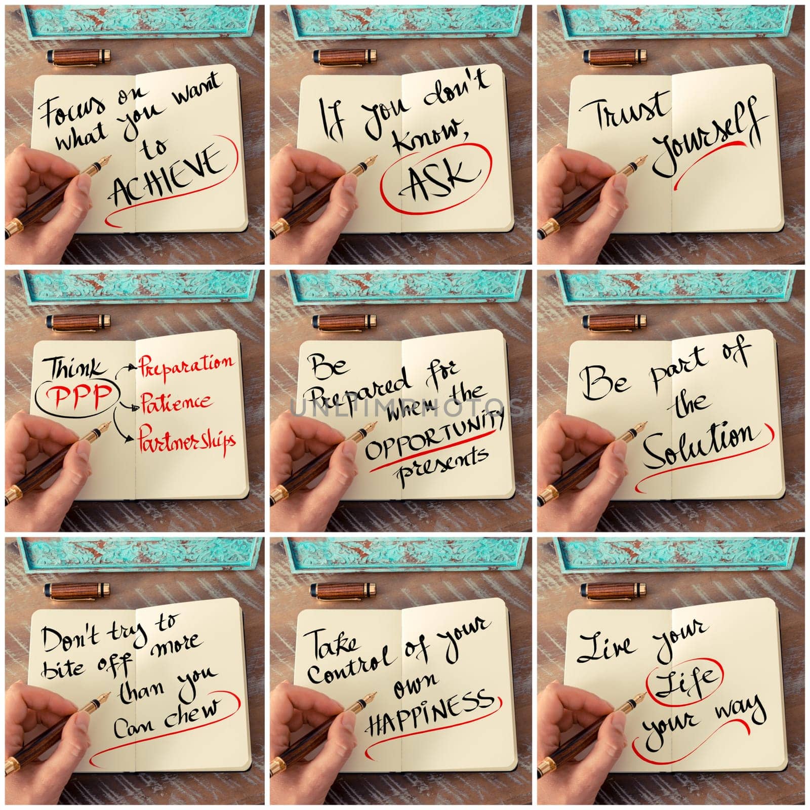 Photo collage of handwritten business motivational messages. Retro effect and toned image of a woman hand writing a note with fountain pen on a notebook as business concept image.