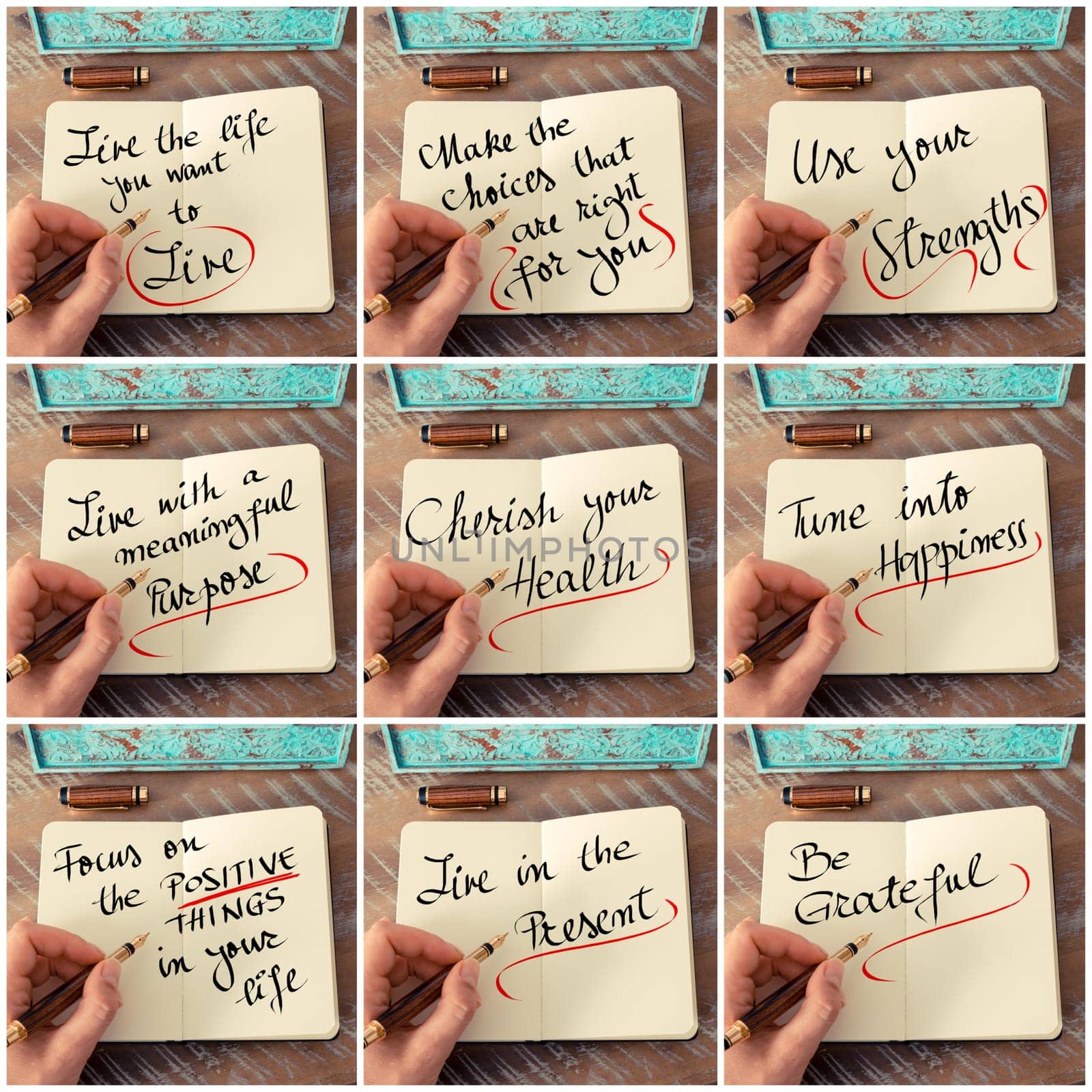 Photo collage of handwritten business motivational messages. Retro effect and toned image of a woman hand writing a note with fountain pen on a notebook as business concept image.