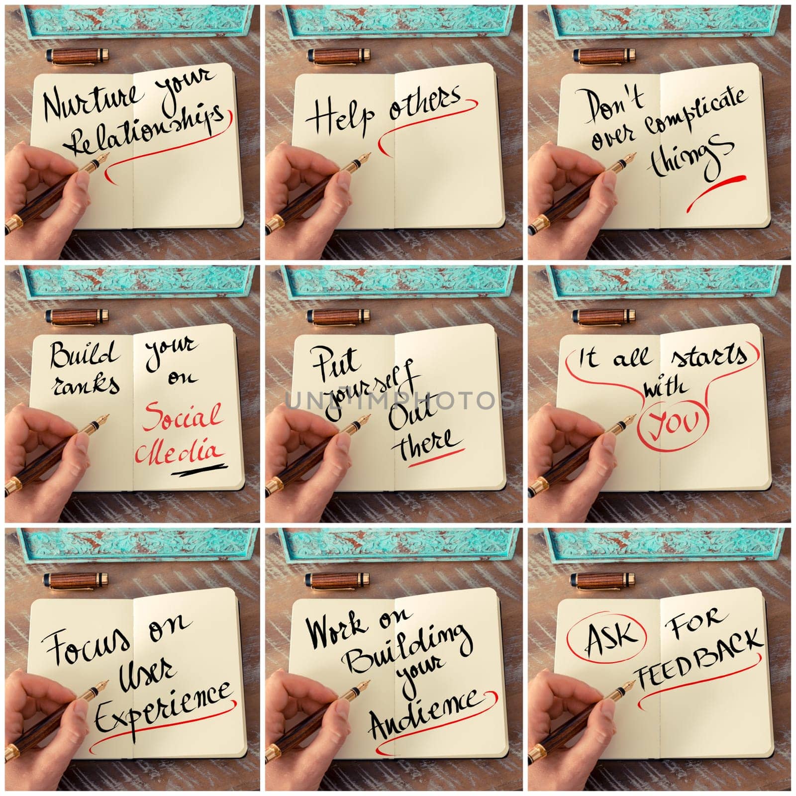Photo collage of handwritten business motivational messages. Retro effect and toned image of a woman hand writing a note with fountain pen on a notebook as business concept image.