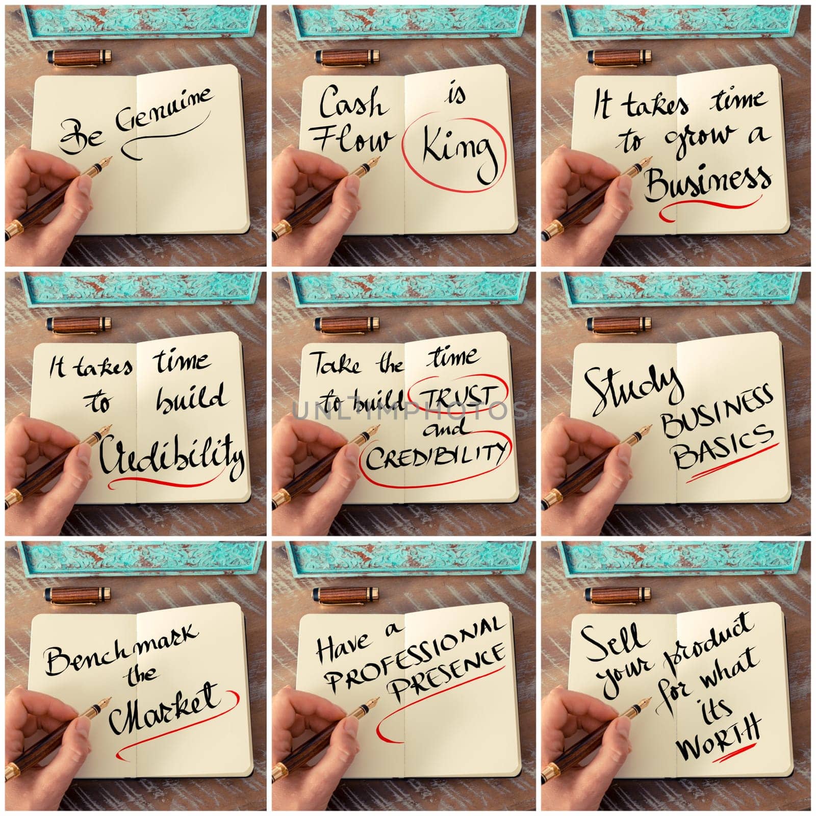 Photo collage of handwritten business motivational messages. Retro effect and toned image of a woman hand writing a note with fountain pen on a notebook as business concept image.