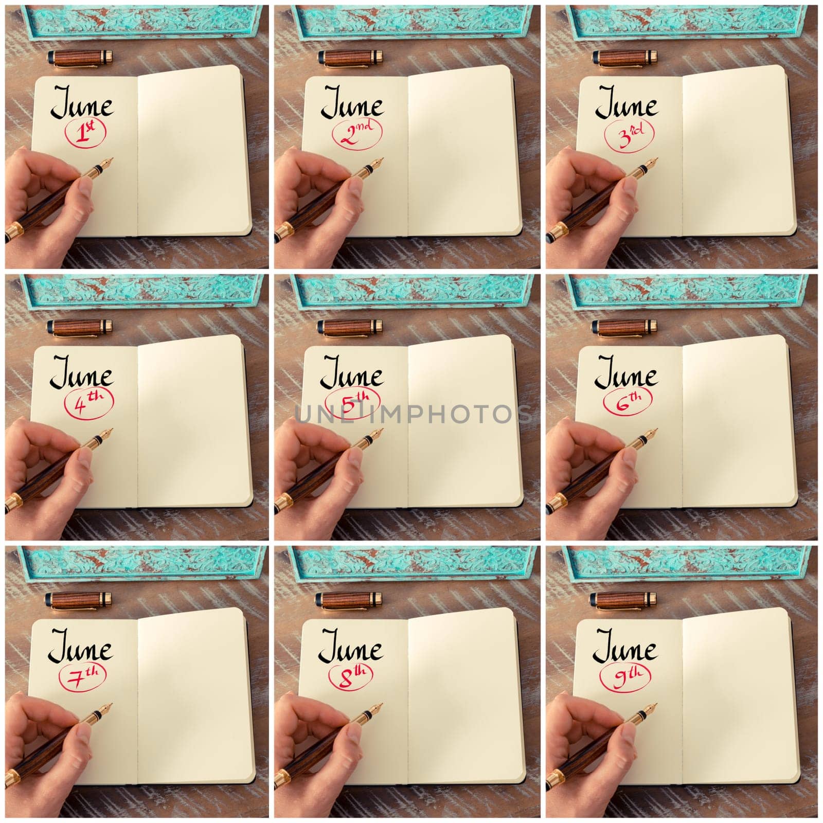 Photo collage of days 1st to 9th of month June handwritten with fountain pen on a notebook
