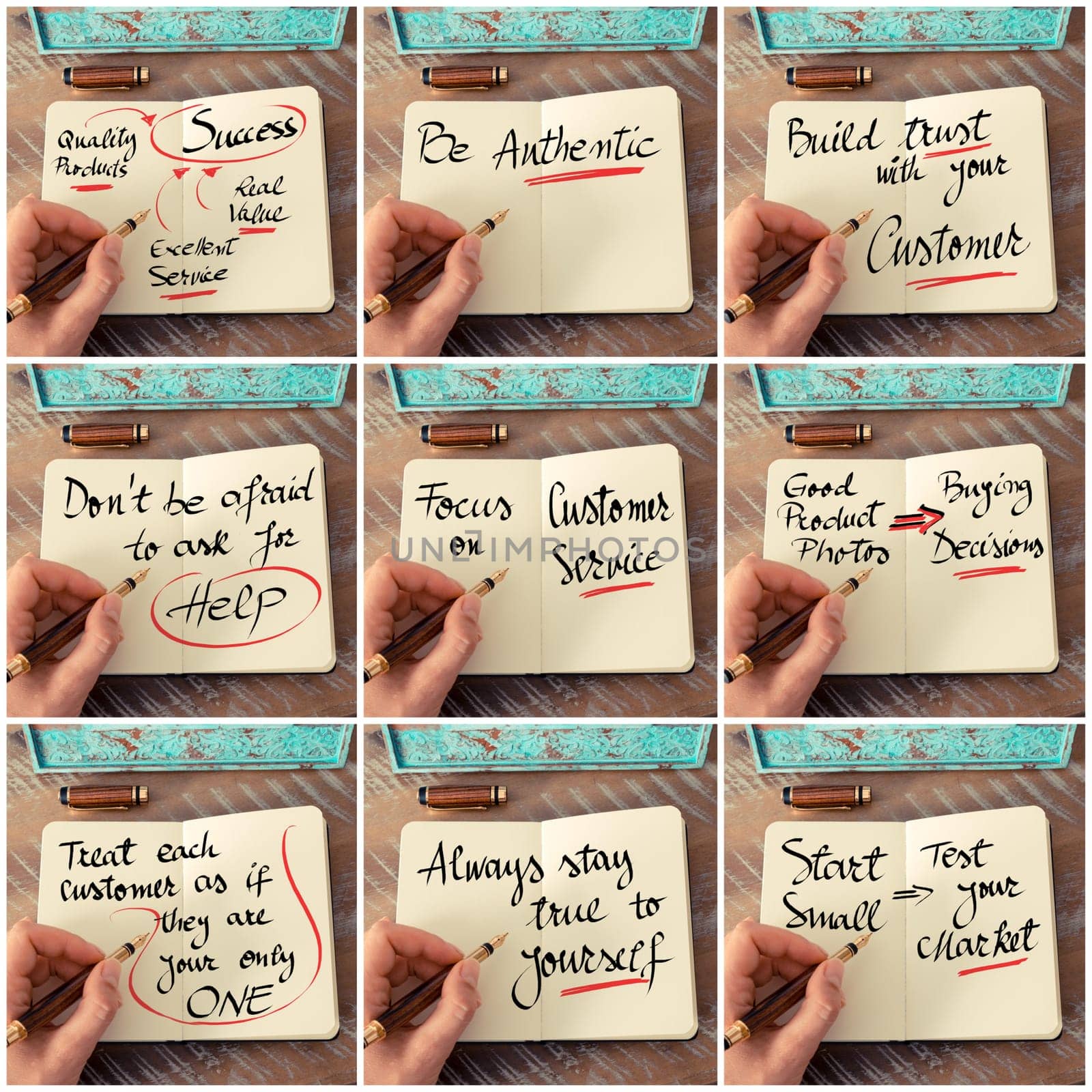 Photo collage of handwritten business motivational messages. Retro effect and toned image of a woman hand writing a note with fountain pen on a notebook as business concept image.
