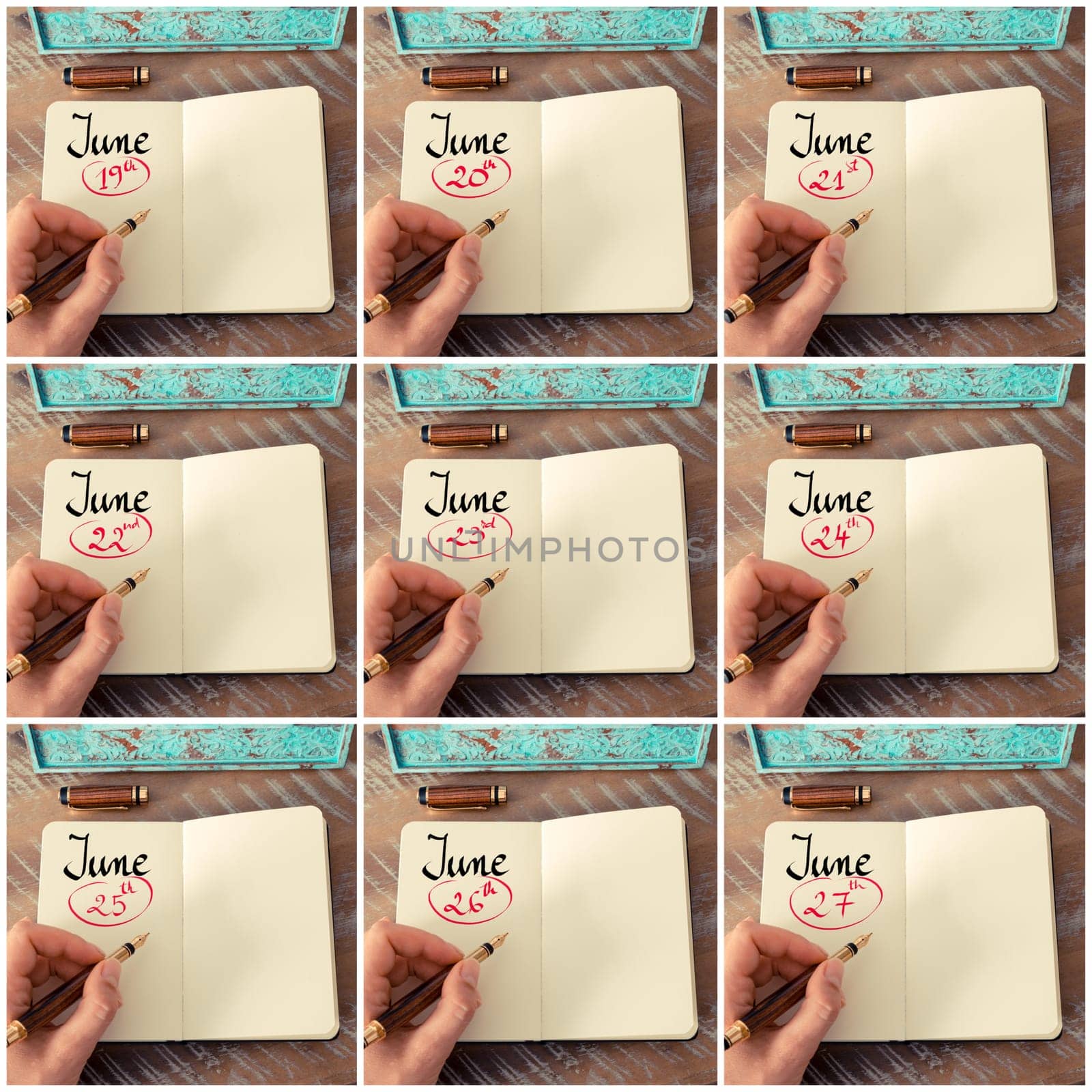 Photo collage of days 19th to 27th of month June handwritten with fountain pen on a notebook