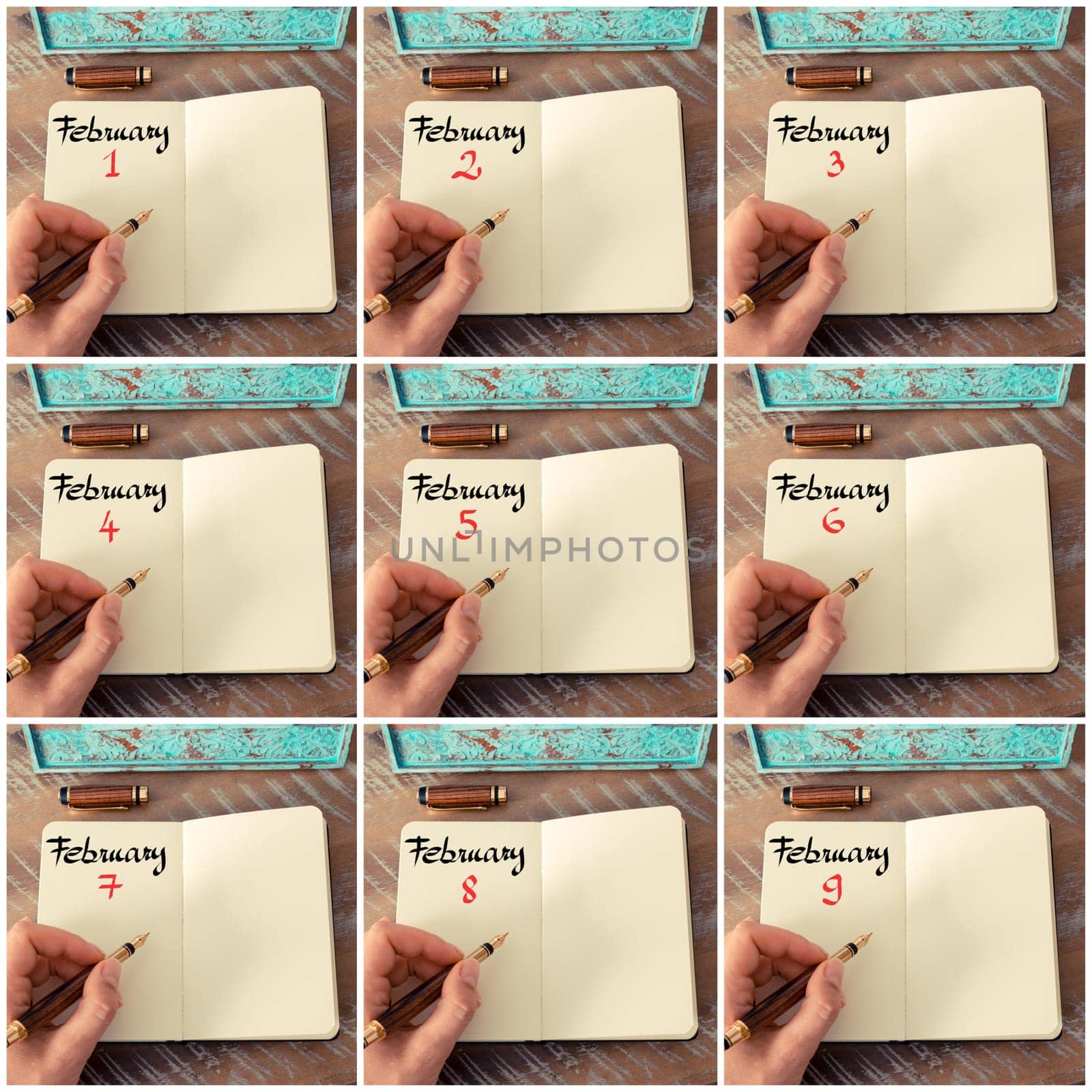 Photo collage of days 1st to 9th of month February handwritten with fountain pen on a notebook