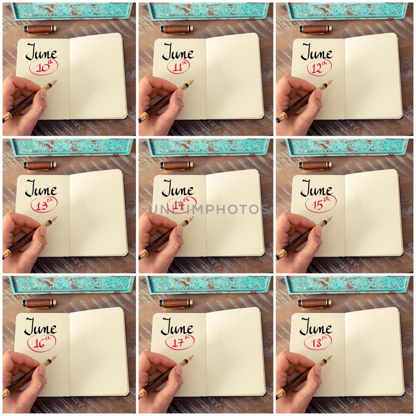 Photo collage of days 10th to 18th of month June handwritten with fountain pen on a notebook
