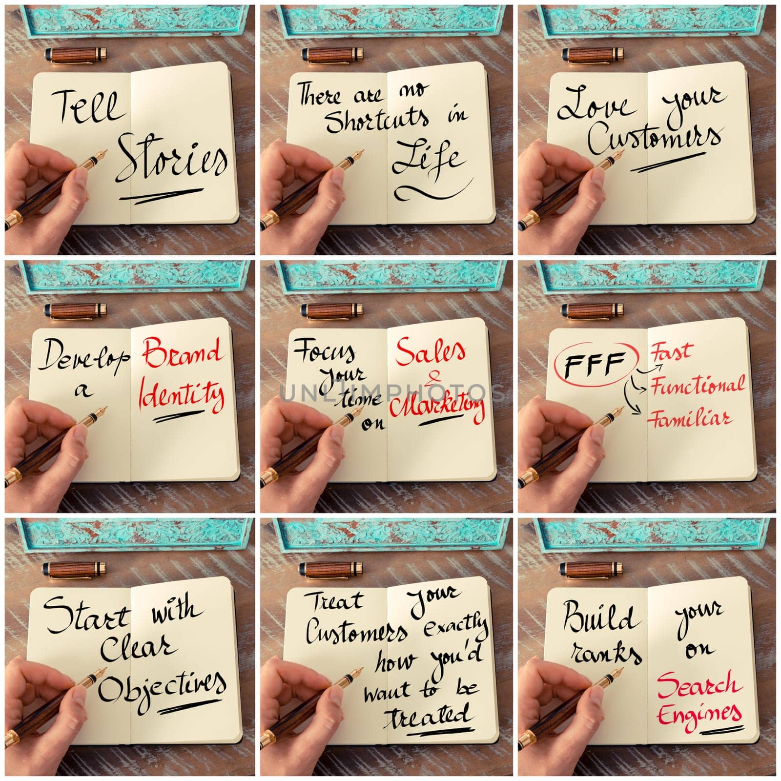 Photo collage of handwritten business motivational messages. Retro effect and toned image of a woman hand writing a note with fountain pen on a notebook as business concept image.