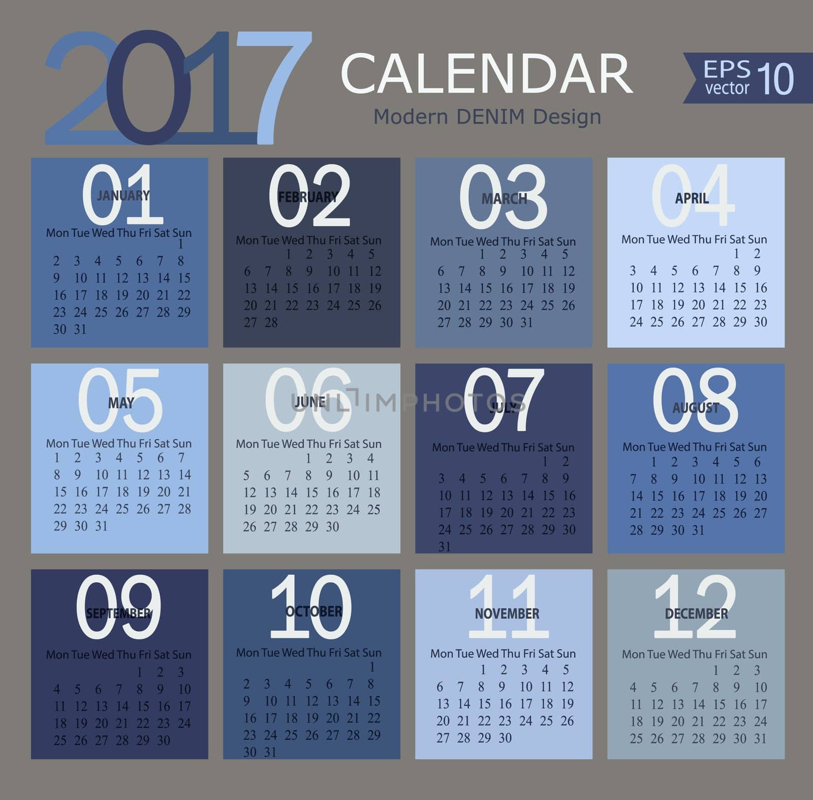 Vector illustration template of modern denim color 2017 calendar.