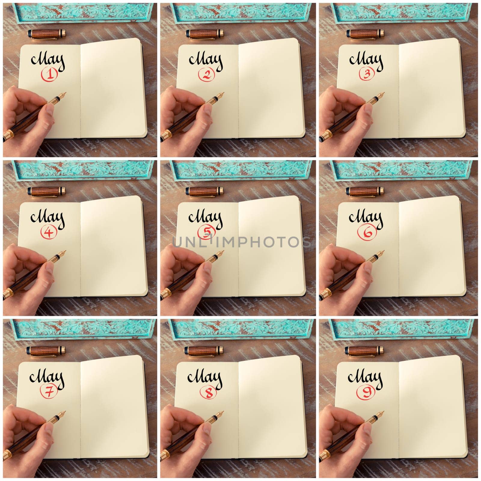 Photo collage of days 1st to 9th of month May handwritten with fountain pen on a notebook