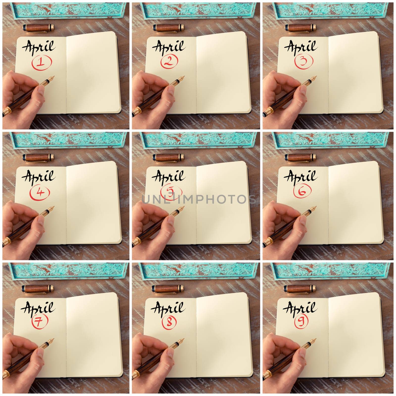 Photo collage of days 1st to 9th of month April handwritten with fountain pen on a notebook