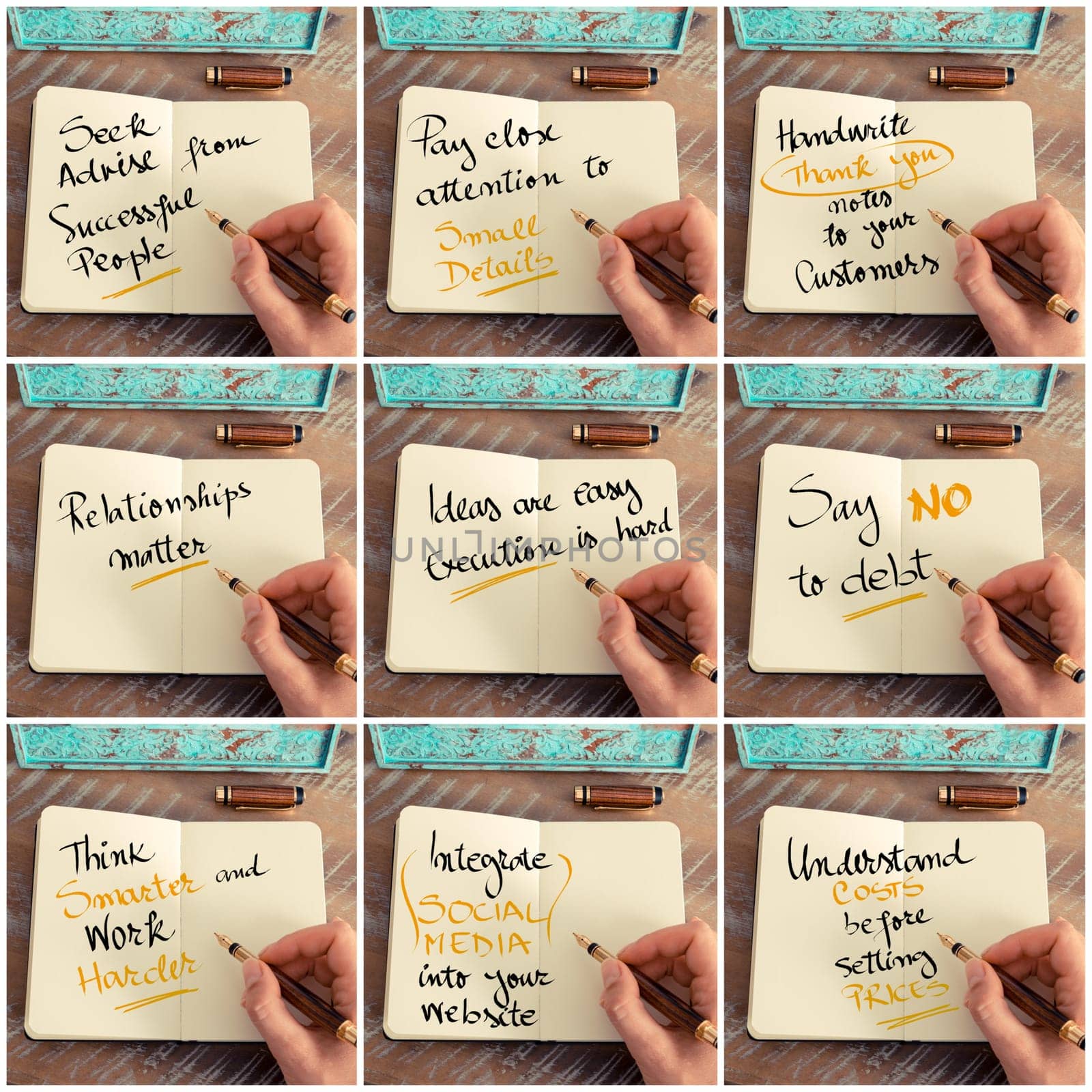 Photo collage of handwritten motivational messages. Retro effect and toned image of a woman hand writing a note with fountain pen on a notebook as business concept image.