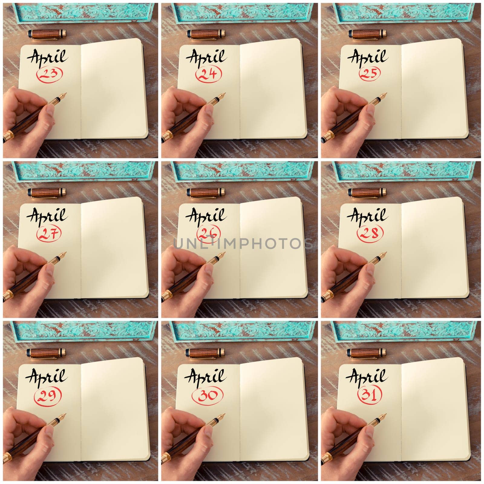 Photo collage of days 23th to 31th of month April handwritten with fountain pen on a notebook