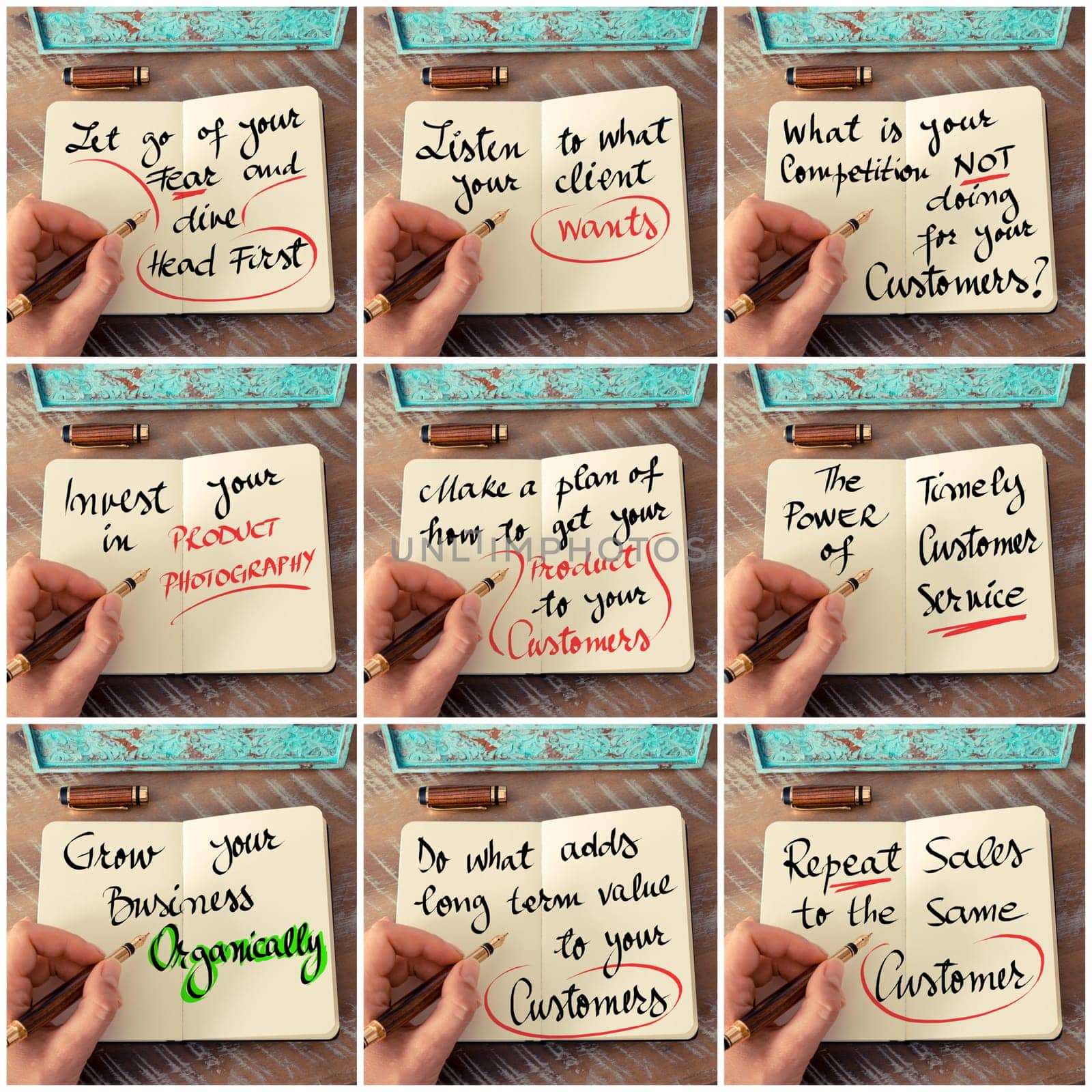 Photo collage of handwritten business motivational messages. Retro effect and toned image of a woman hand writing a note with fountain pen on a notebook as business concept image.
