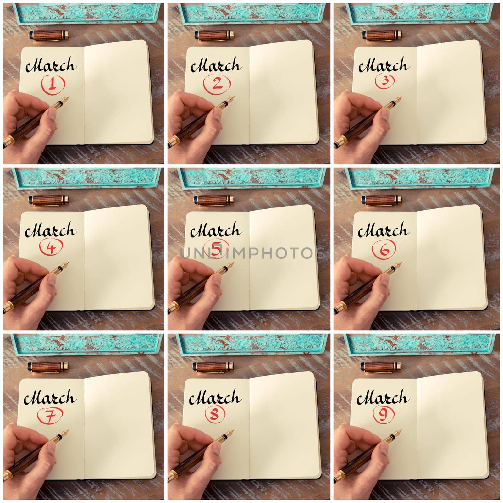 Photo collage of days 1st to 9th of month March handwritten with fountain pen on a notebook