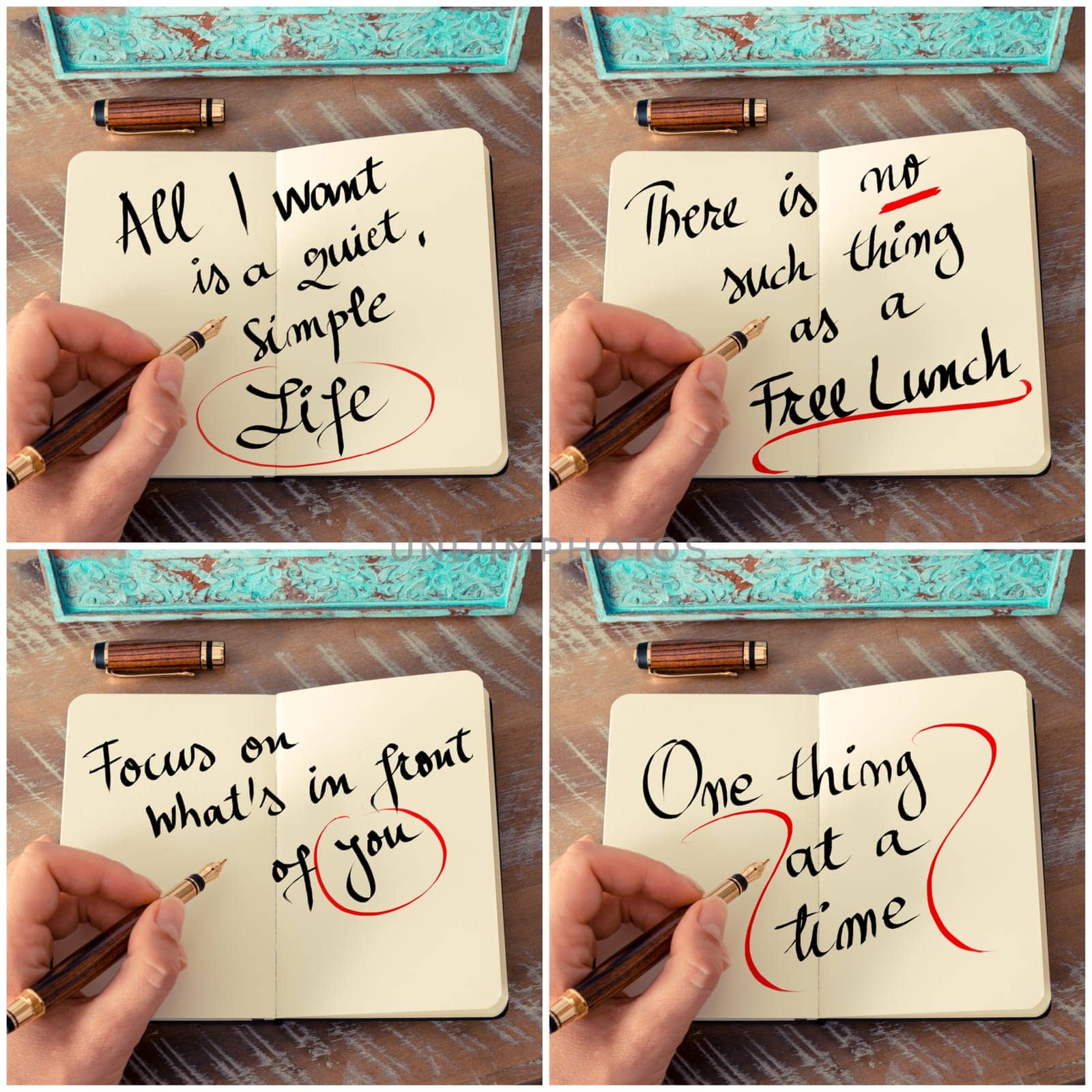 Photo collage of handwritten business motivational messages. Retro effect and toned image of a woman hand writing a note with fountain pen on a notebook as business concept image.