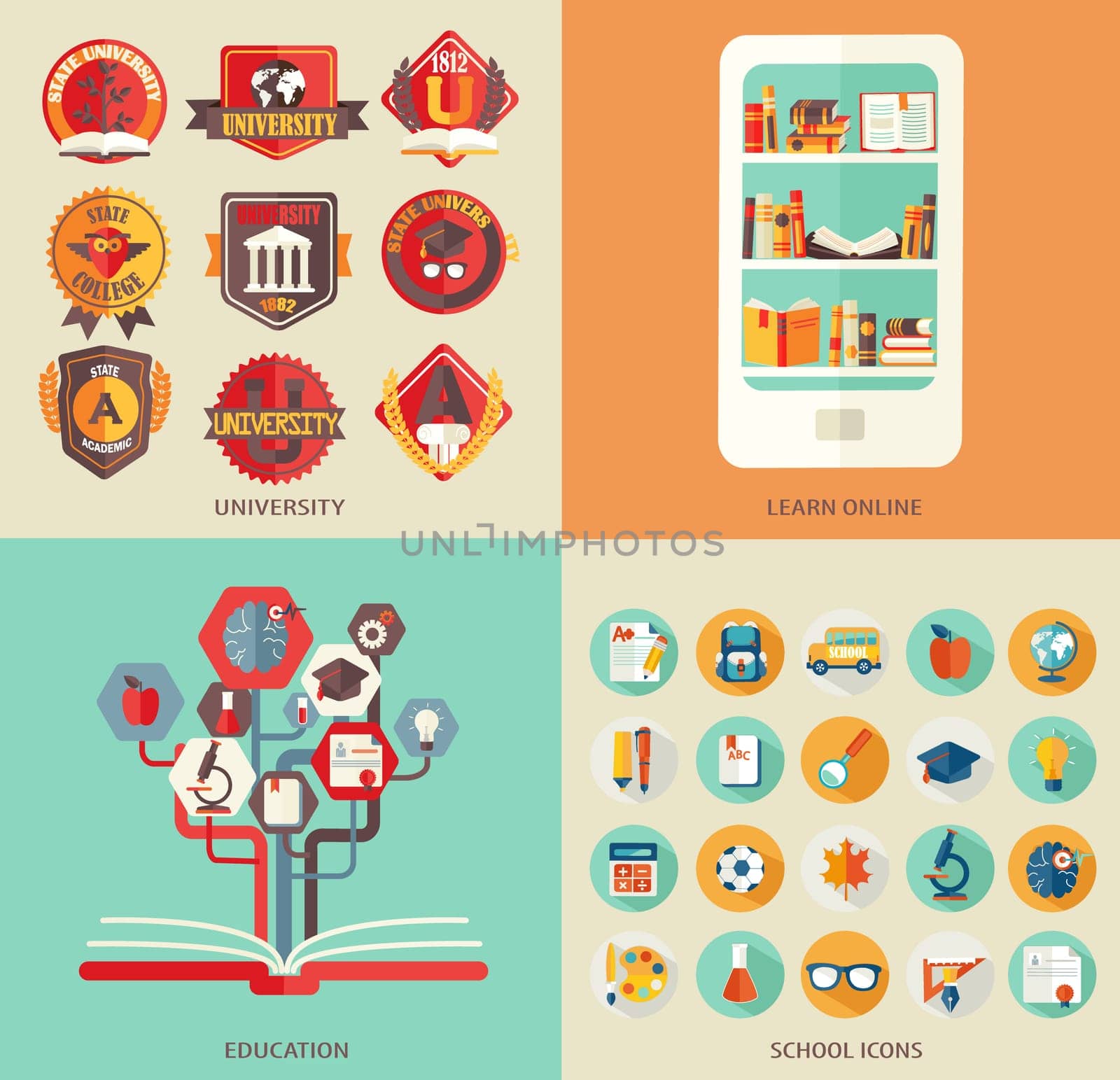 Set the flat elements and icons school and science, university and library , training.