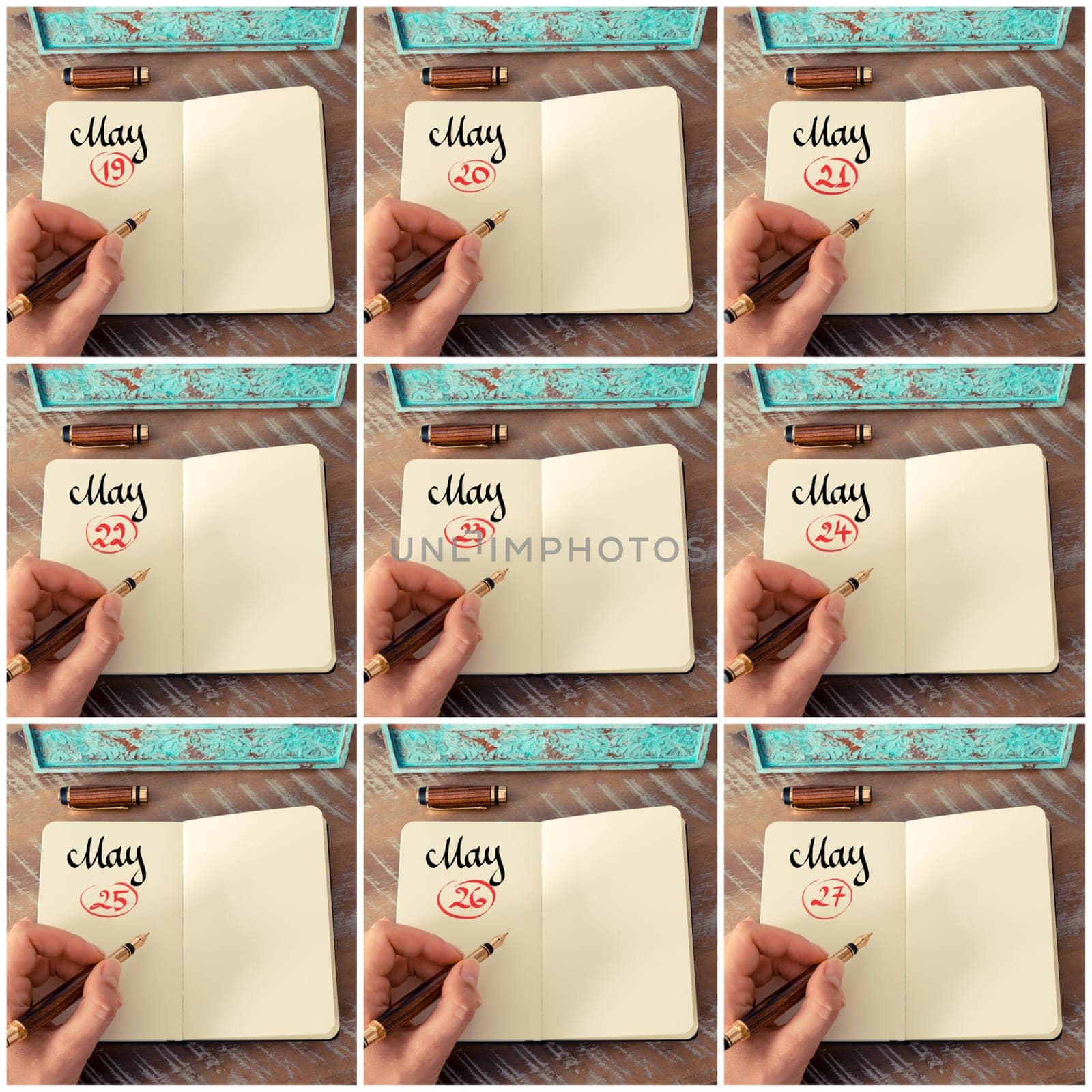 Photo collage of days 19th to 27th of month May handwritten with fountain pen on a notebook