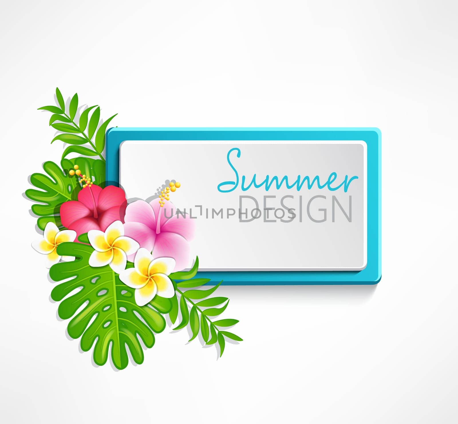 Summer blue frame with tropical flowers, vector illustration.