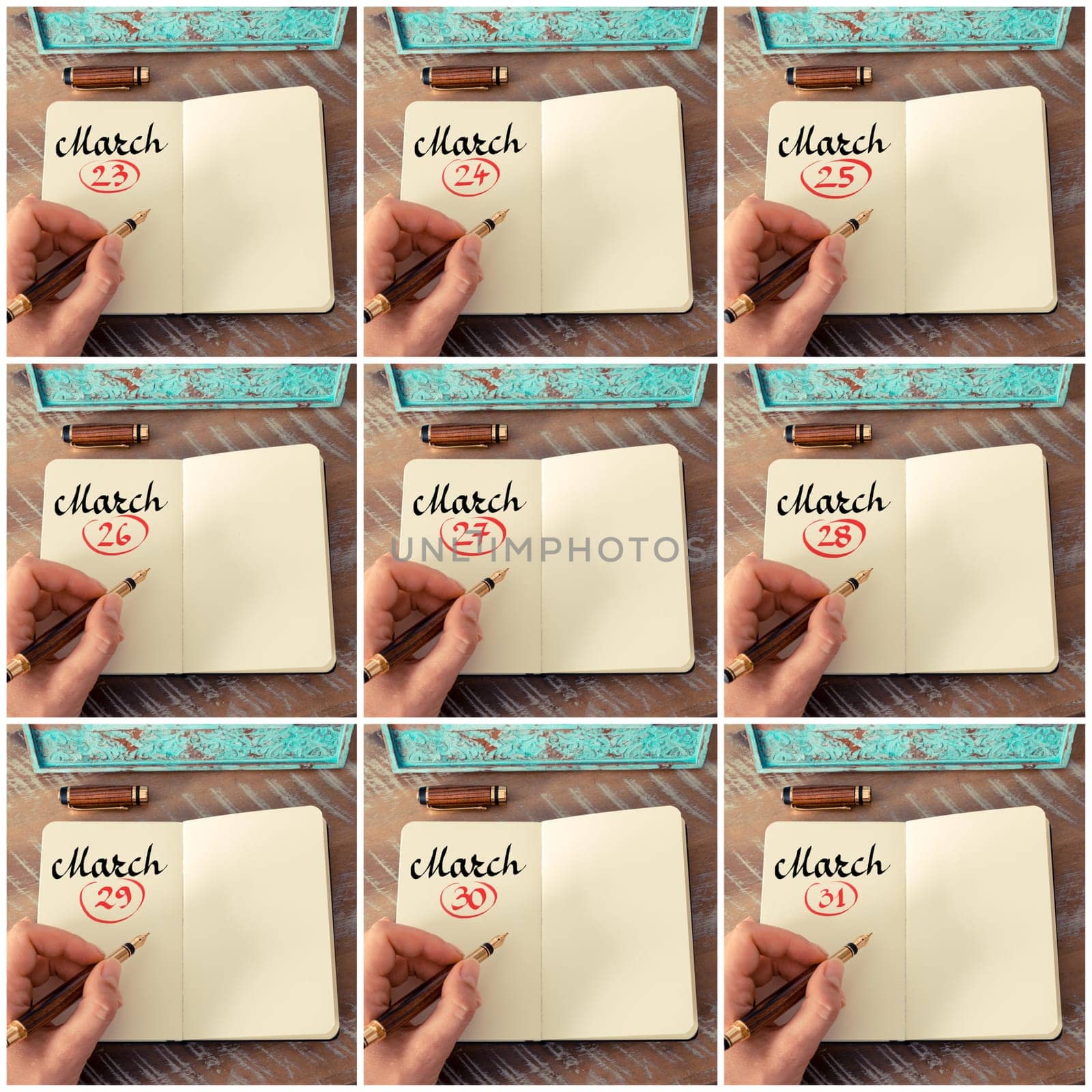 Photo collage of days 23th to 31th of month March handwritten with fountain pen on a notebook