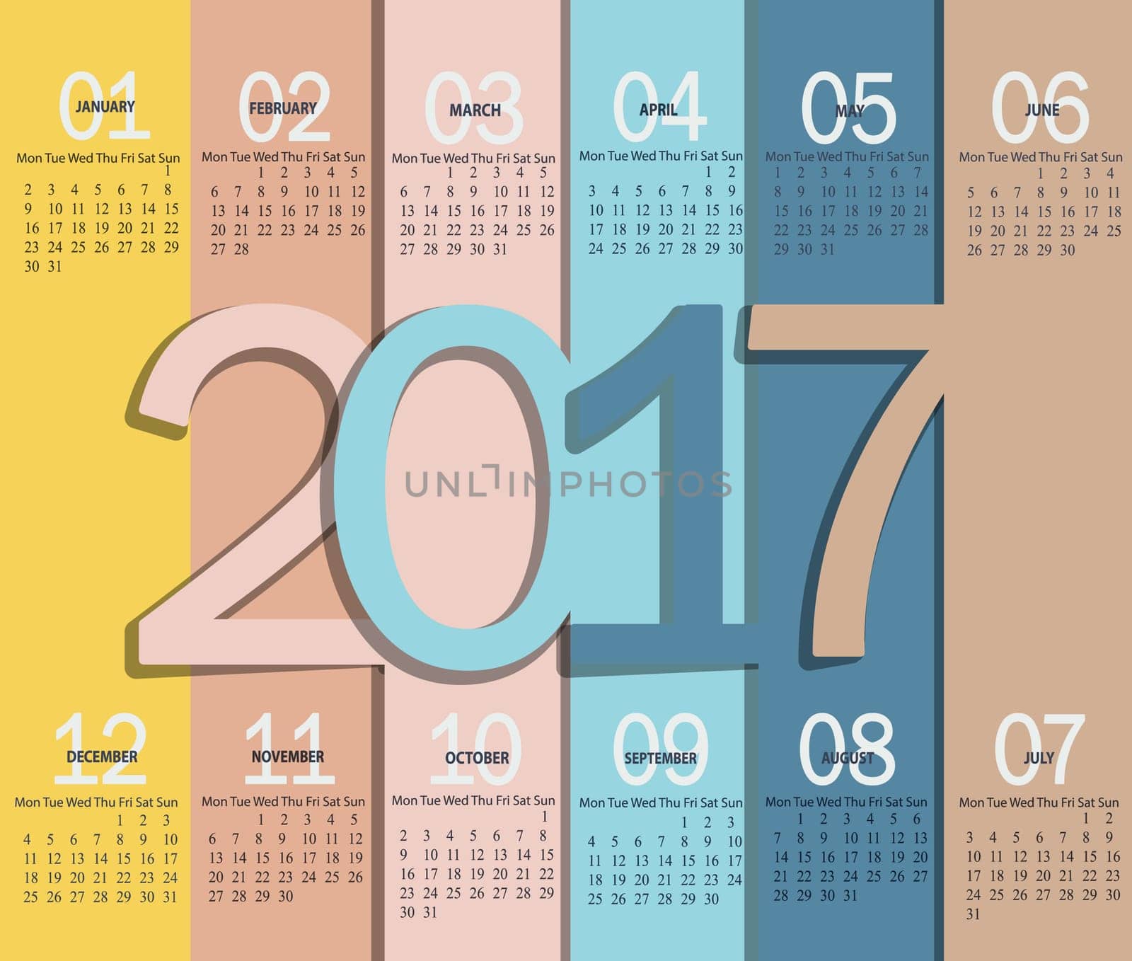 Vector illustration template of modern spring color 2017 calendar.