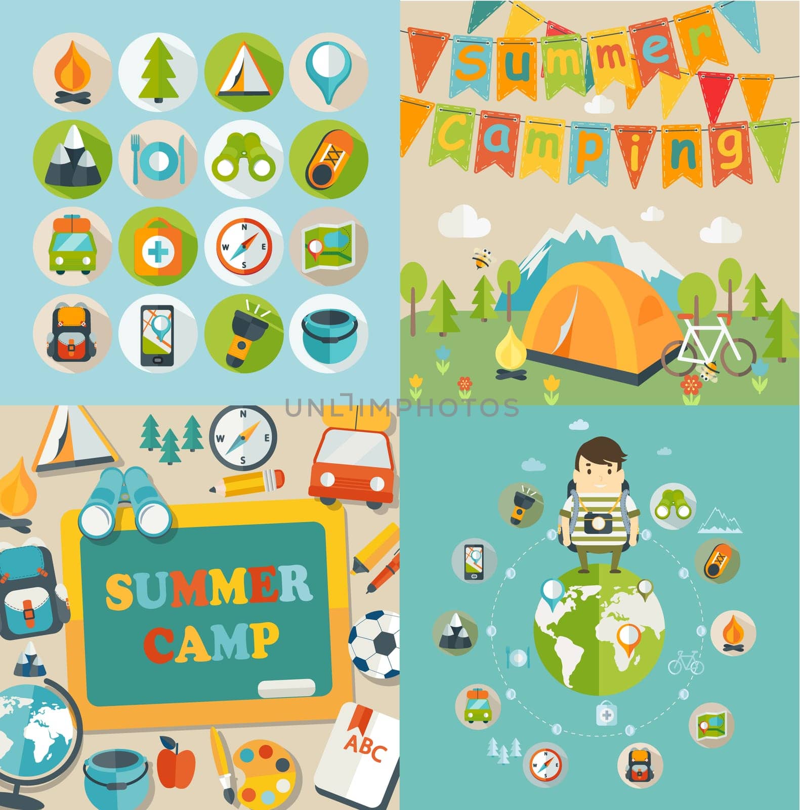 Summer Holiday and Travel themed Summer Camp posters and icons in flat style, vector illustration.