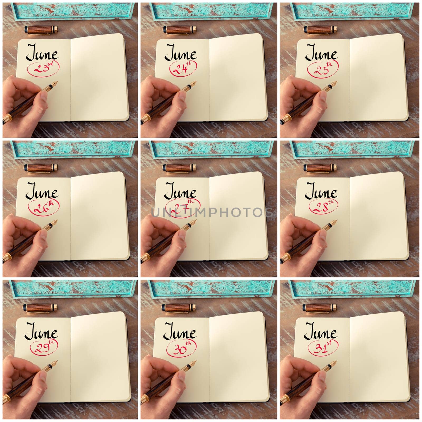 Photo collage of days 23th to 31th of month June handwritten with fountain pen on a notebook