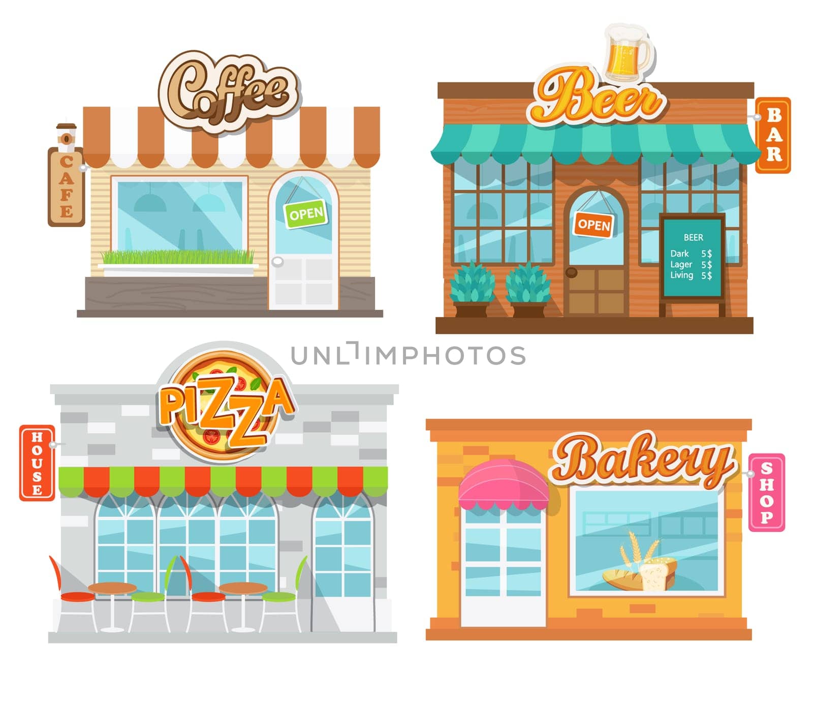 Vector illustration flat cafes and shop: pizza house, beer bar, coffee cafe and bakery shop.