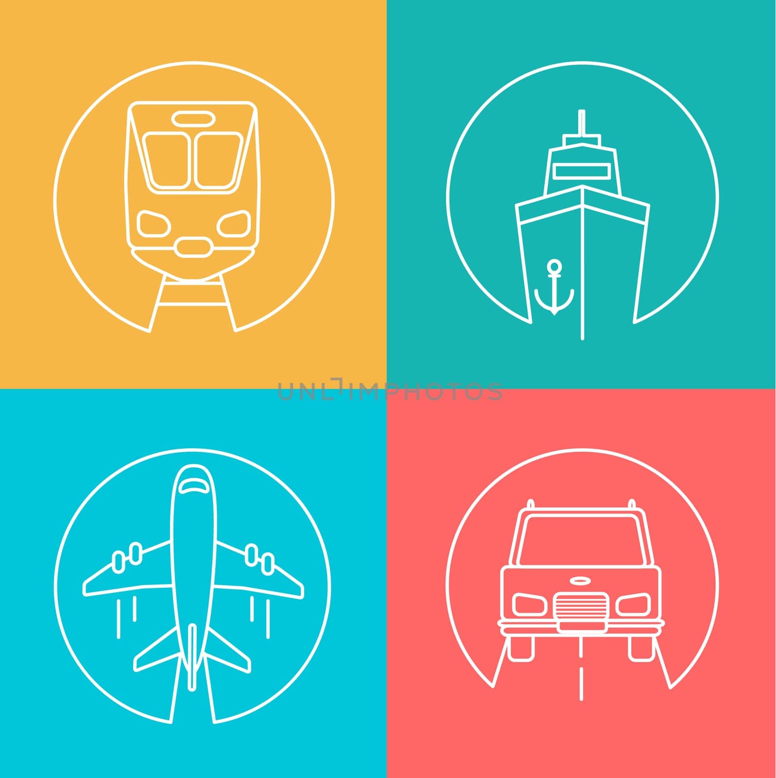 Freight business, express send and deliver autline logo, vector illustration. Flying airplane, Train,Ship and Car.